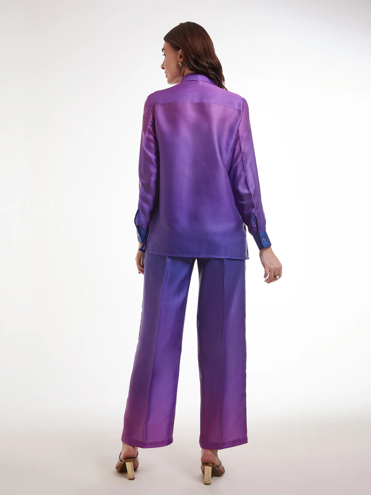 Odette Blue And Purple Satin Printed Co Ord Set For Women - Image 5