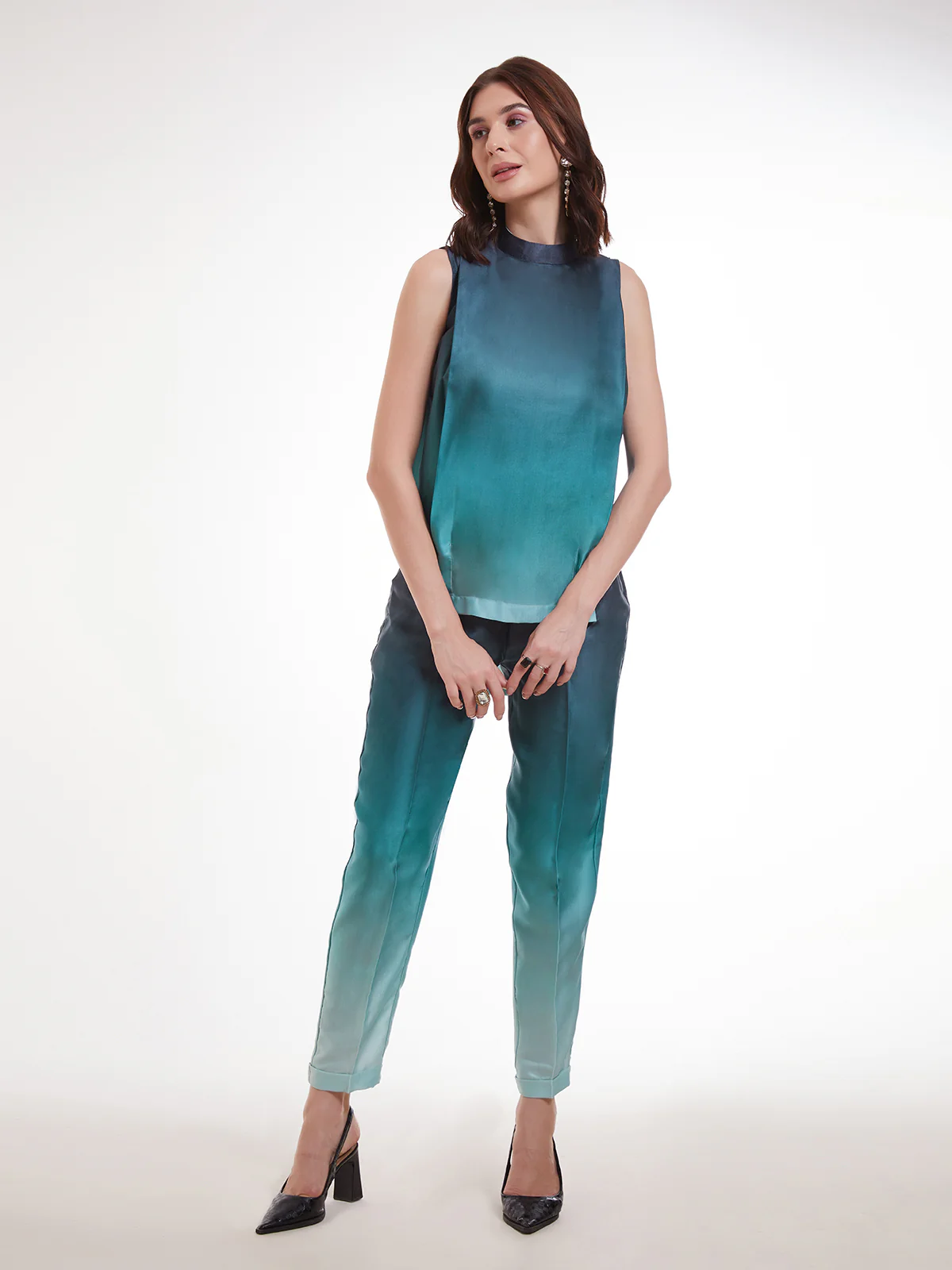 Odette Blue Satin Printed Co Ord Set For Women - Image 2