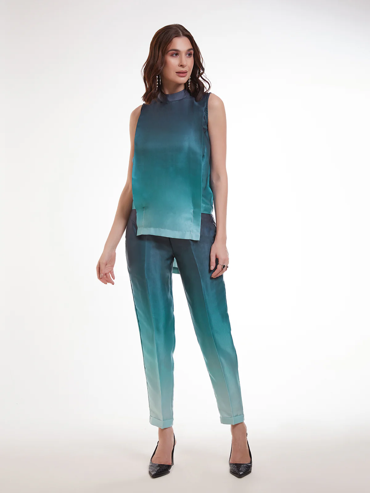 Odette Blue Satin Printed Co Ord Set For Women - Image 3