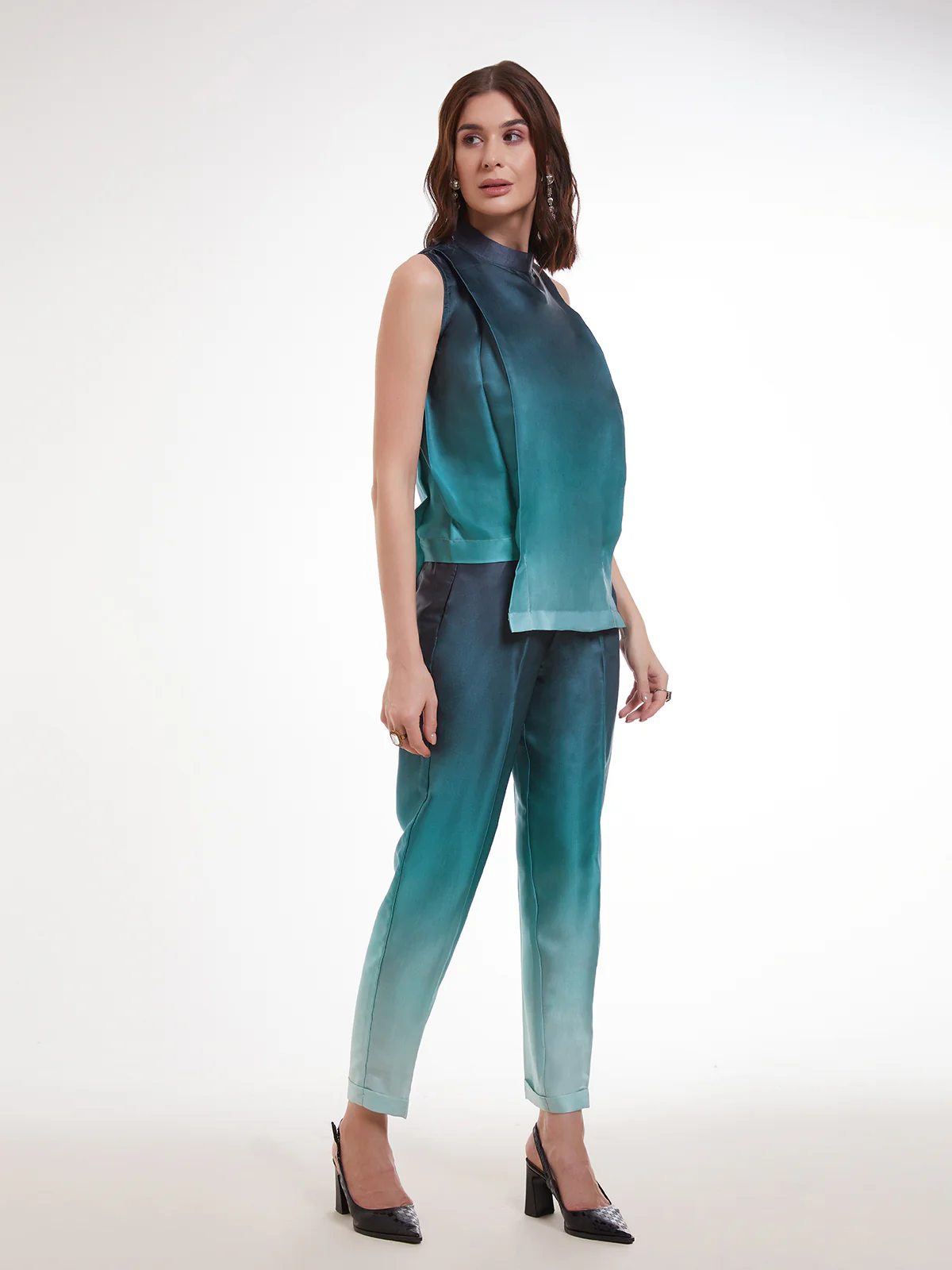Odette Blue Satin Printed Co Ord Set For Women - Image 4