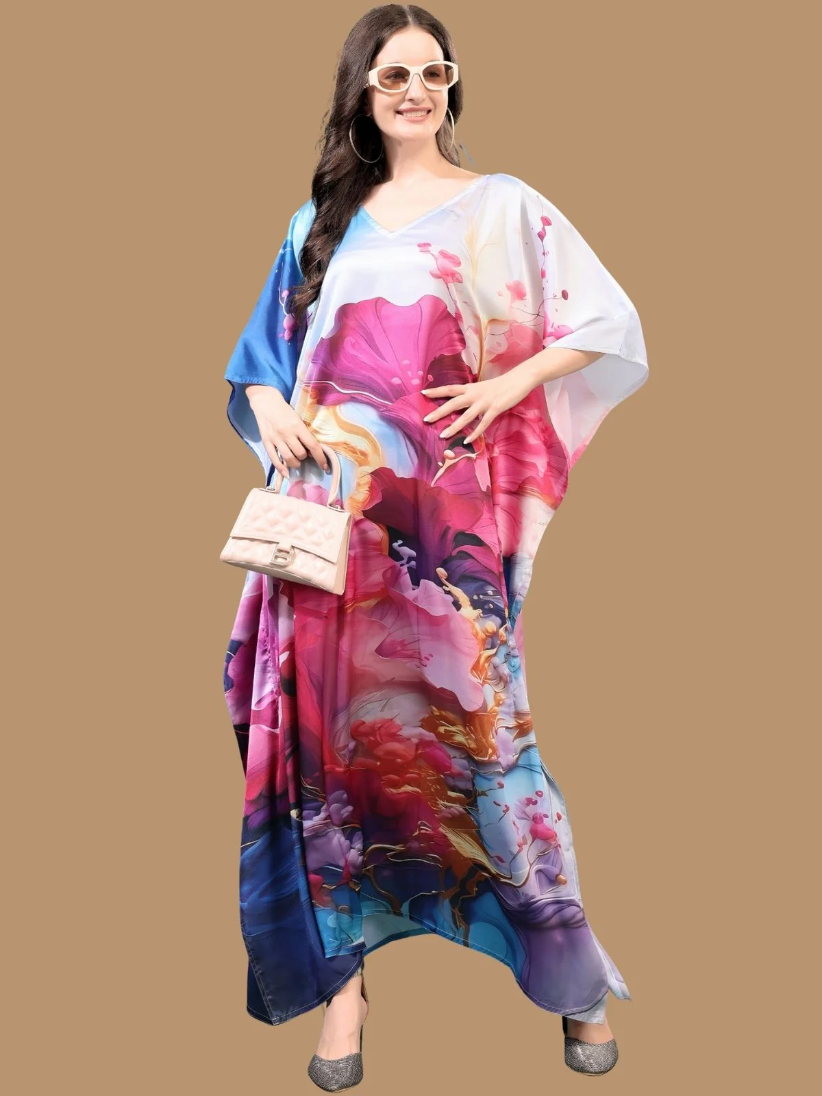 Odette Multicolor Satin Printed Kaftan For Women - Image 2