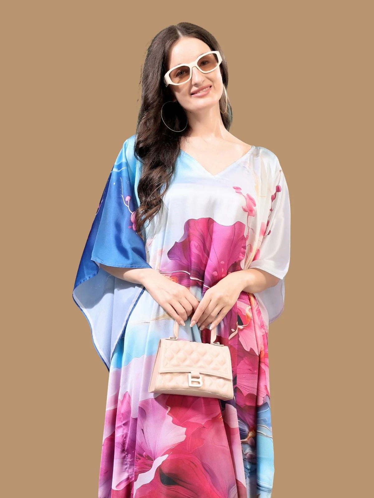 Odette Multicolor Satin Printed Kaftan For Women - Image 4