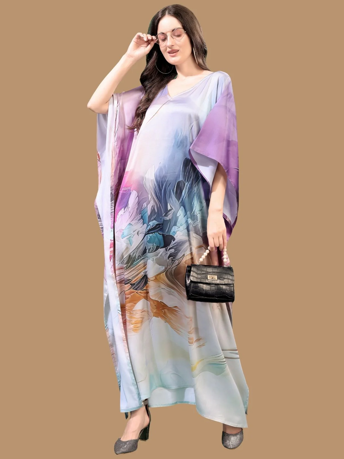 Odette Multicolor Satin Printed Kaftan For Women - Image 2