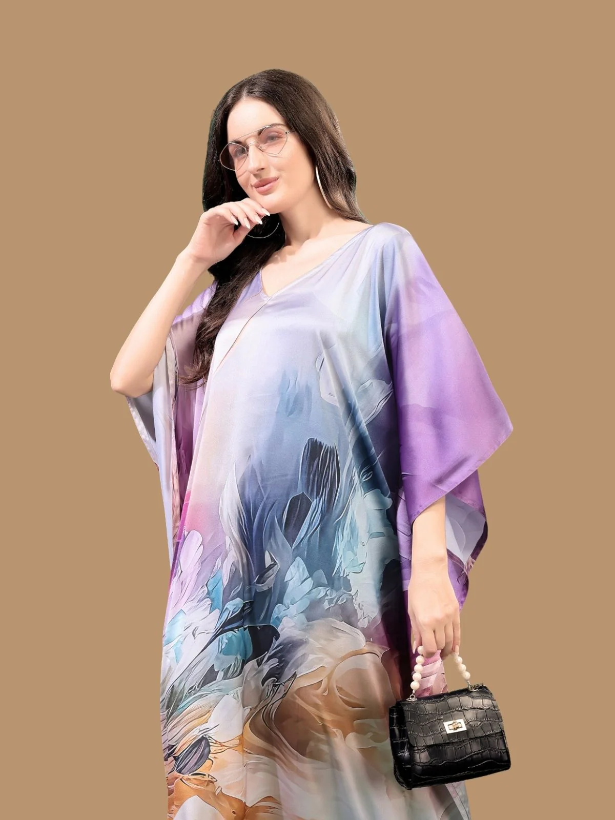 Odette Multicolor Satin Printed Kaftan For Women - Image 4