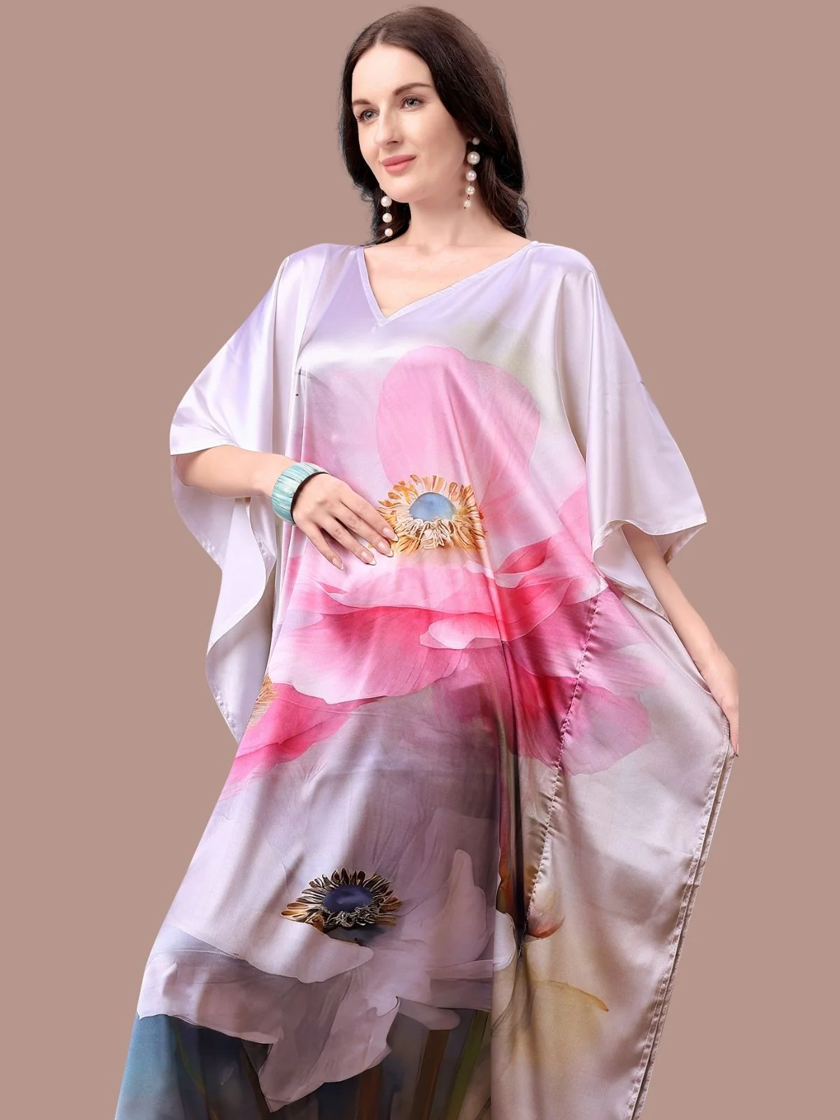 Odette Multicolor Satin Printed Kaftan For Women - Image 4