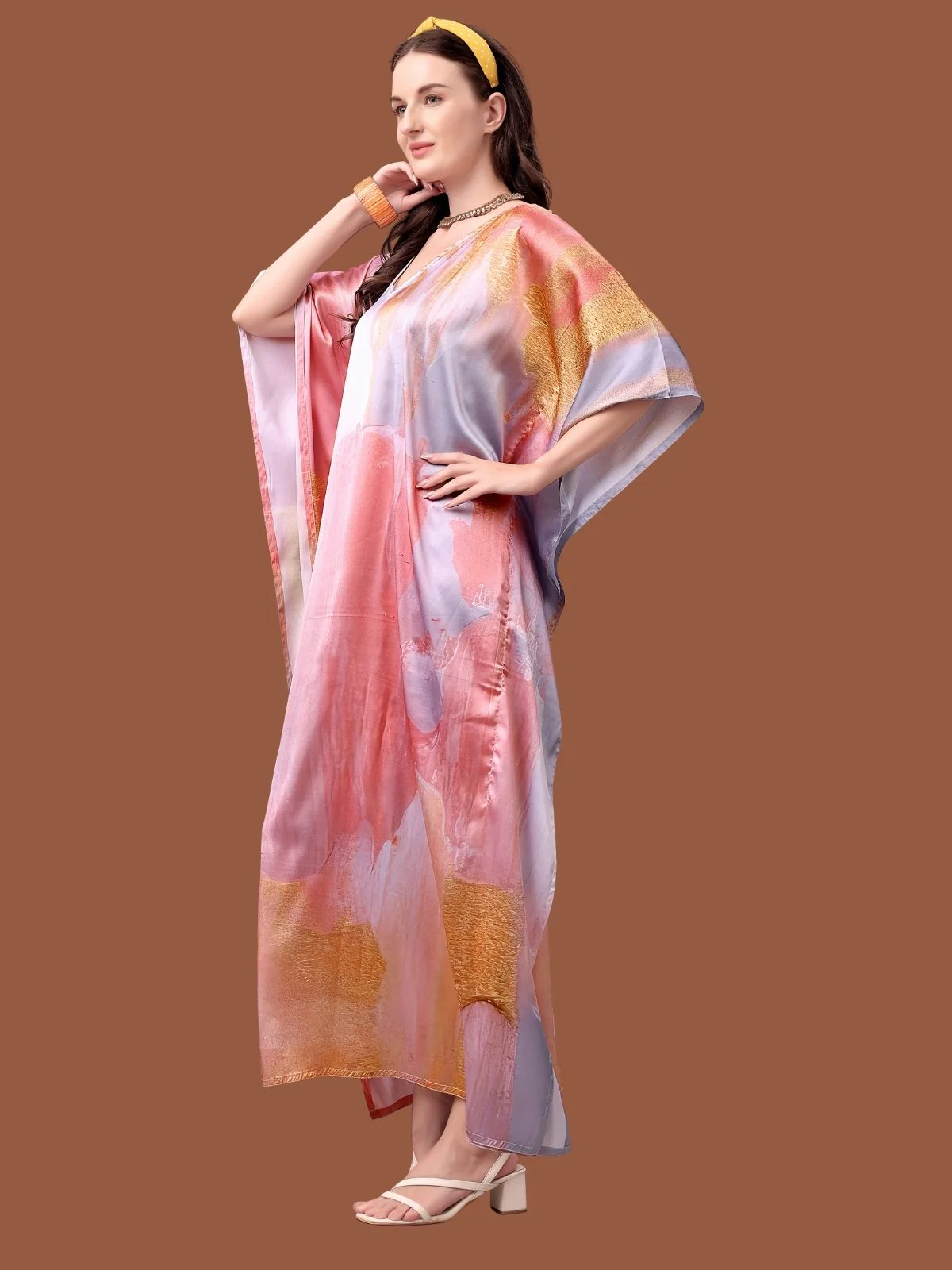 Odette Multicolor Satin Printed Kaftan For Women - Image 2