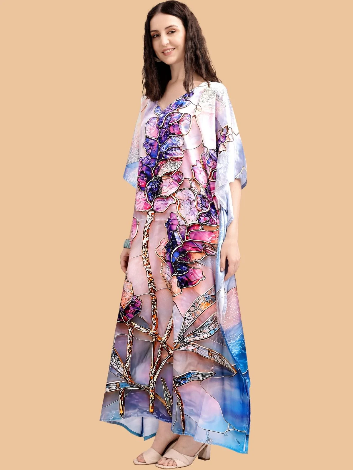 Odette Multicolor Satin Printed Kaftan For Women - Image 2