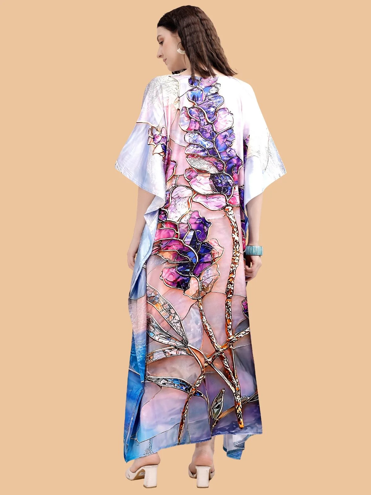 Odette Multicolor Satin Printed Kaftan For Women - Image 3