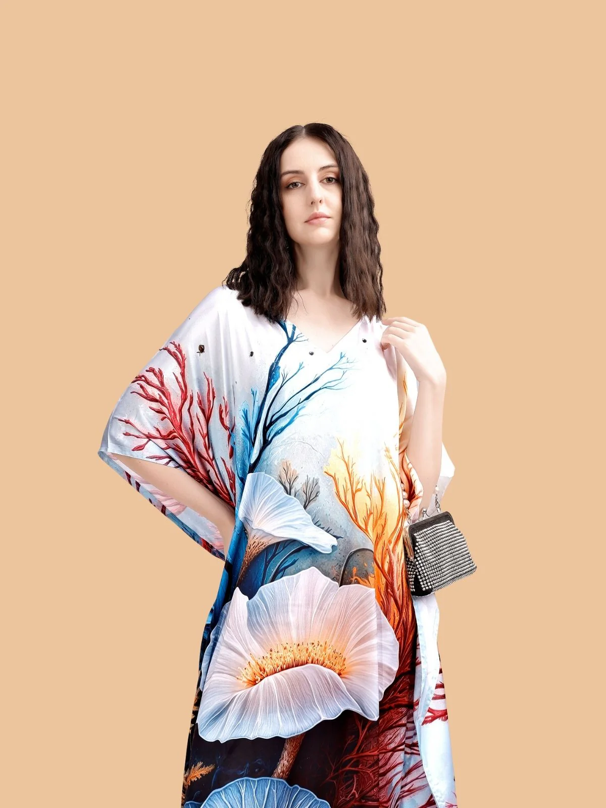 Odette Multicolor Satin Printed Kaftan For Women - Image 4