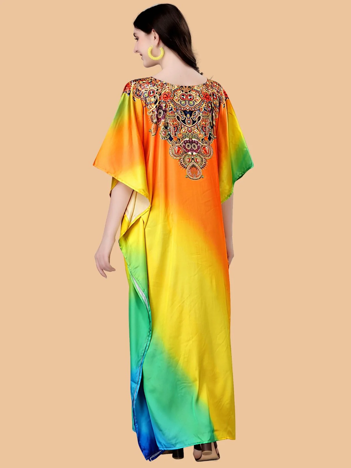 Odette Multicolor Satin Printed Kaftan For Women - Image 3