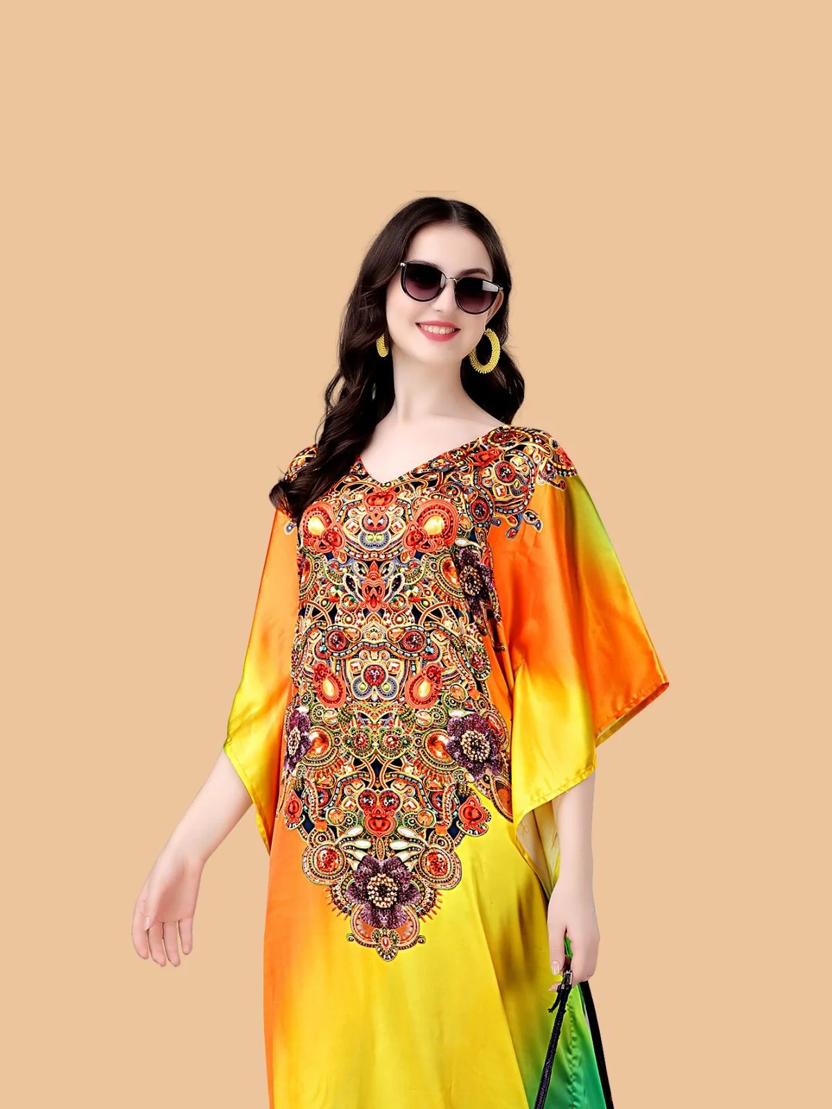 Odette Multicolor Satin Printed Kaftan For Women - Image 4