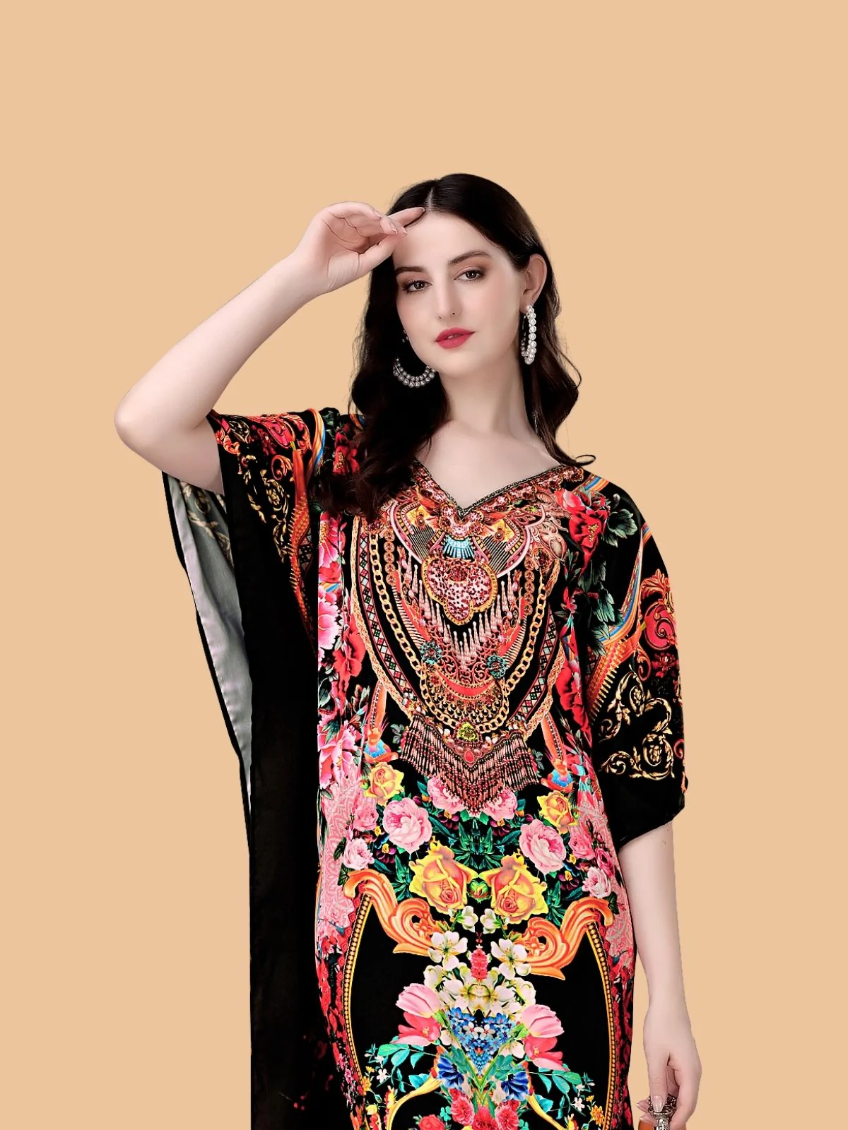 Odette Multicolor Satin Printed Kaftan For Women - Image 4