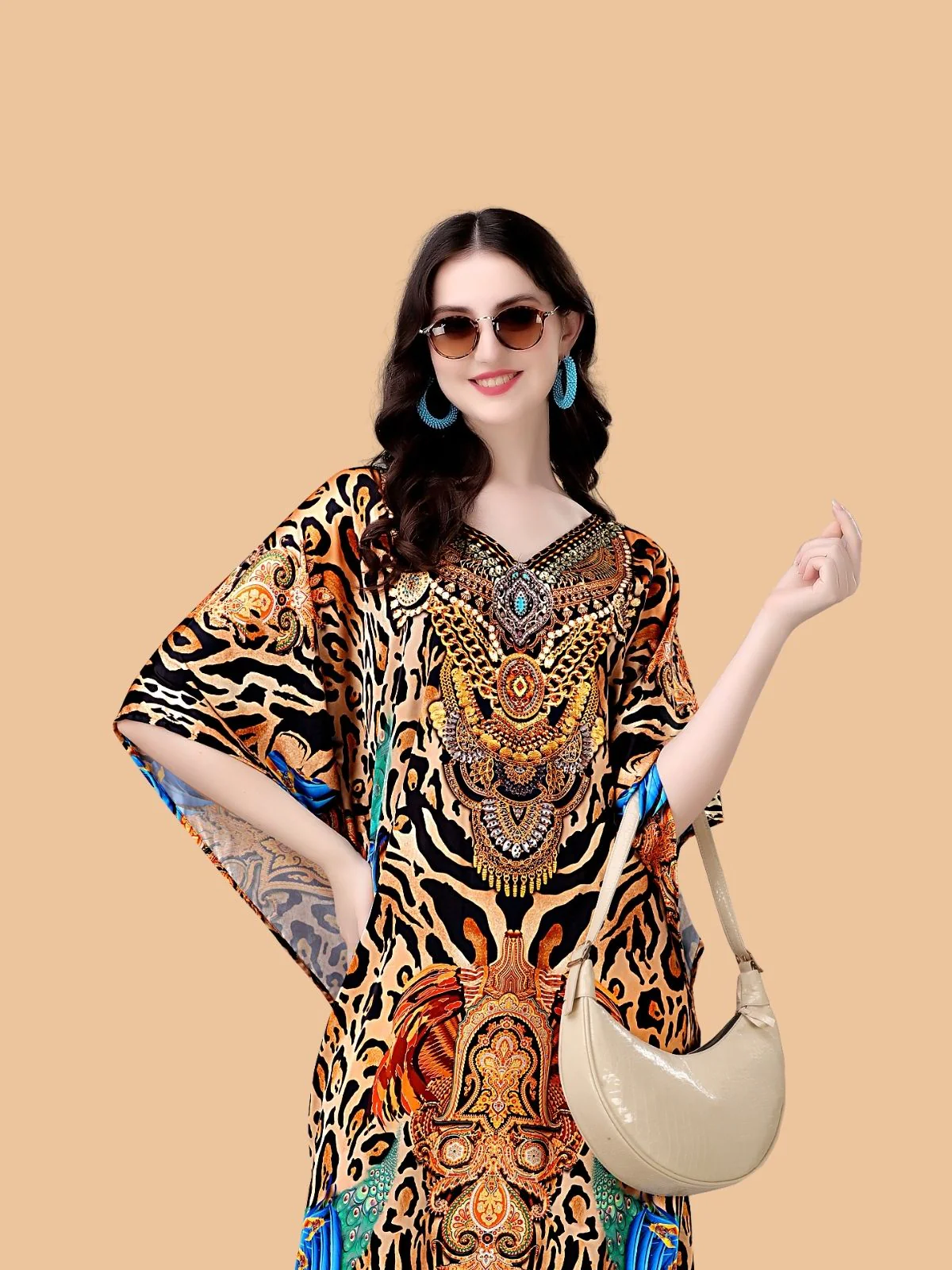 Odette Multicolor Satin Printed Kaftan For Women - Image 4