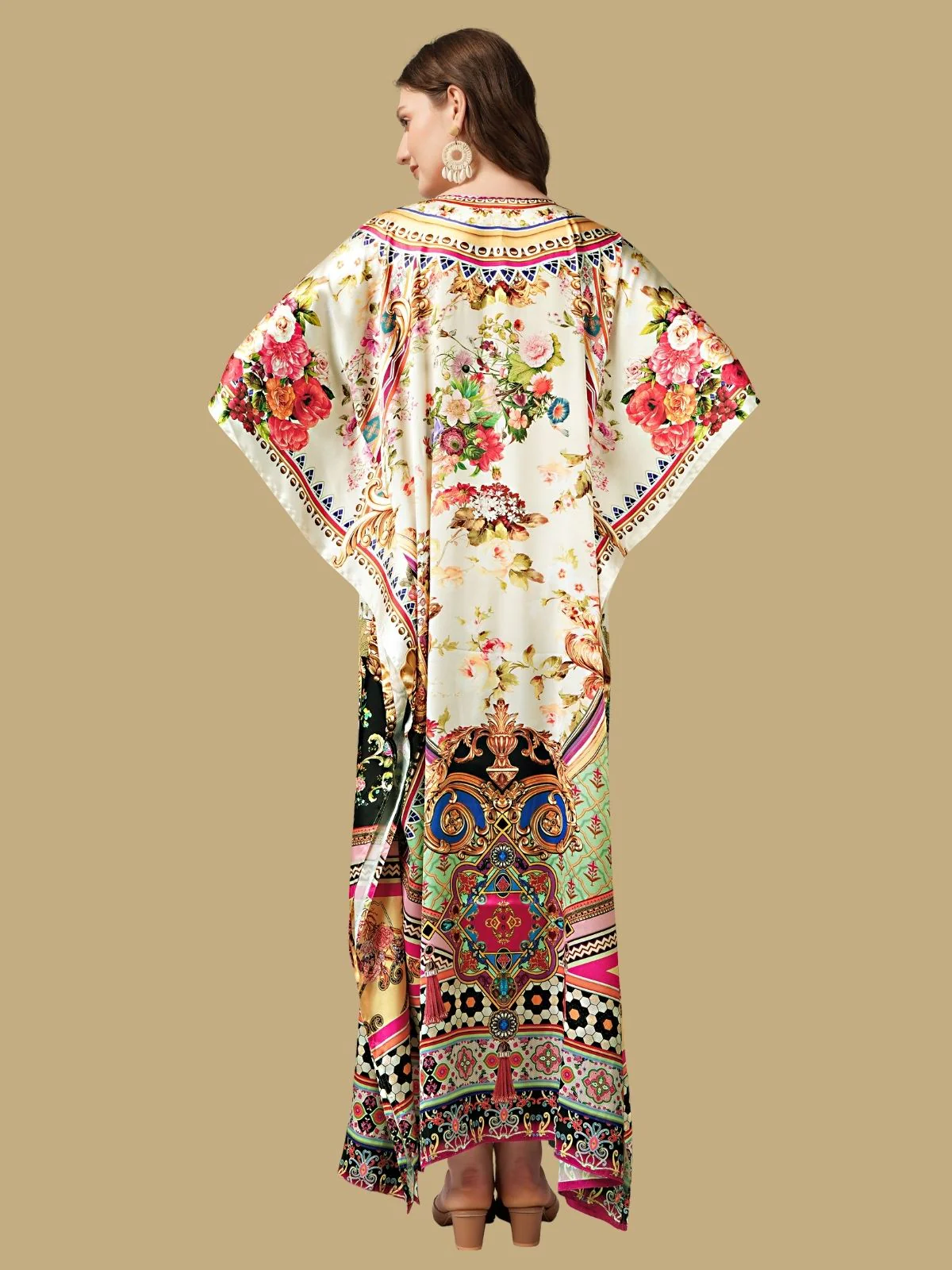 Odette Multicolor Satin Printed Kaftan For Women - Image 3