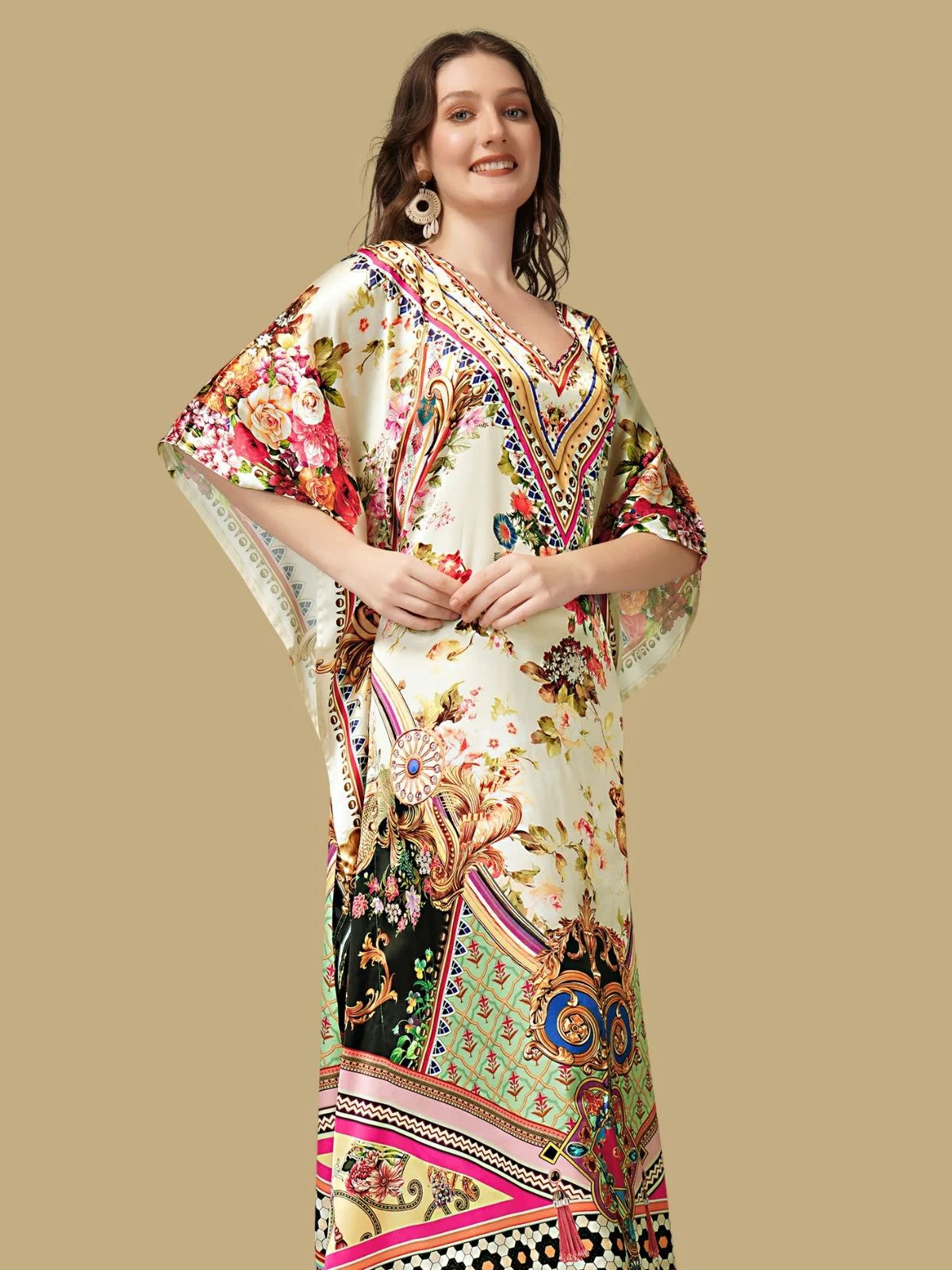 Odette Multicolor Satin Printed Kaftan For Women - Image 4