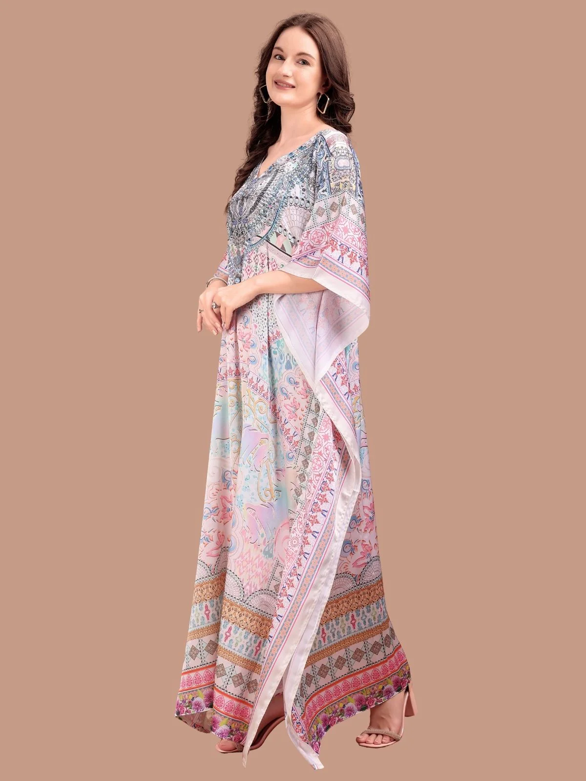Odette Multicolor Satin Printed Kaftan For Women - Image 2