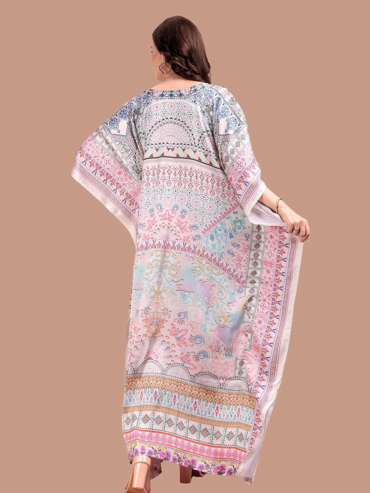 Odette Multicolor Satin Printed Kaftan For Women - Image 3