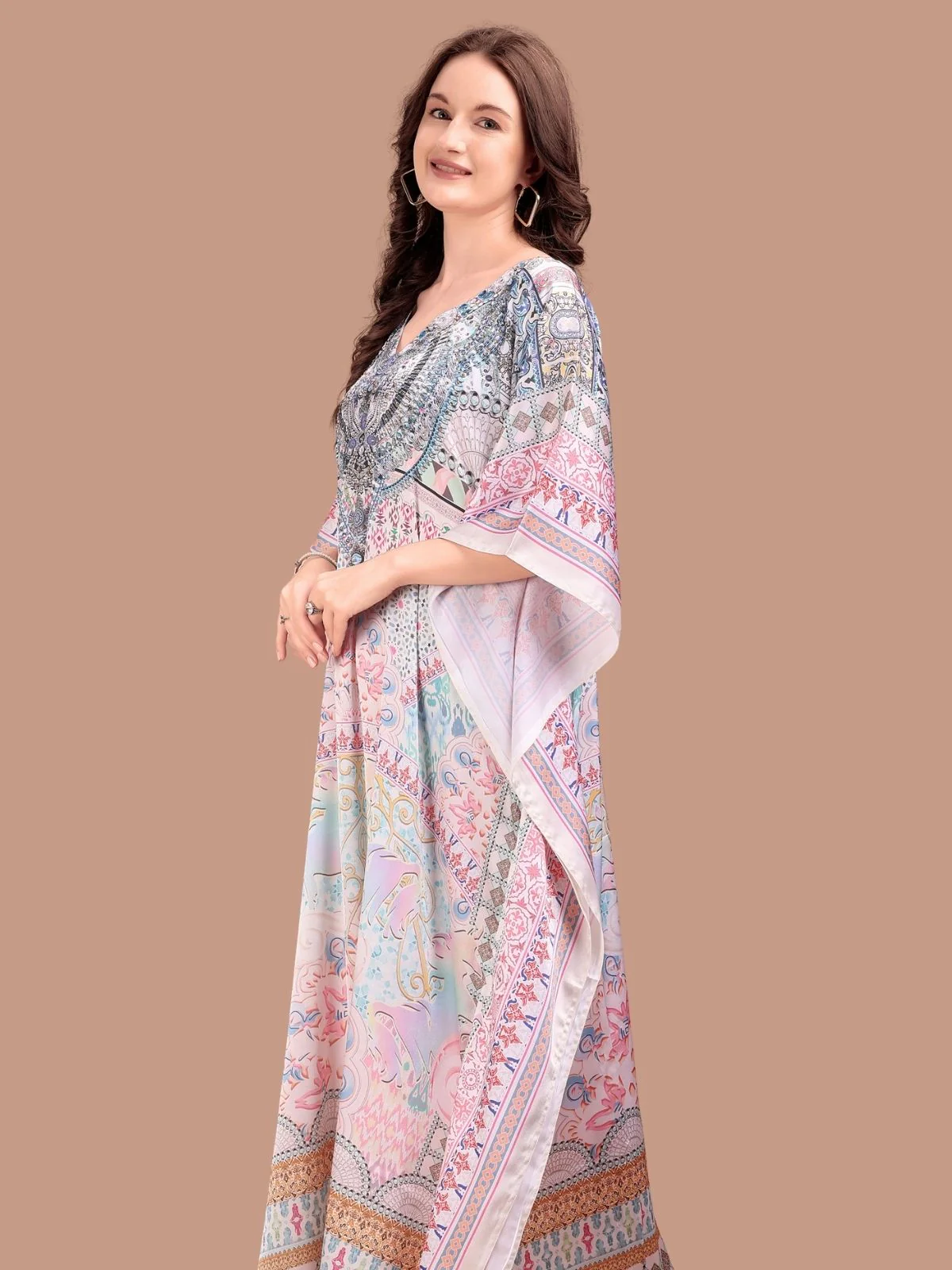 Odette Multicolor Satin Printed Kaftan For Women - Image 4