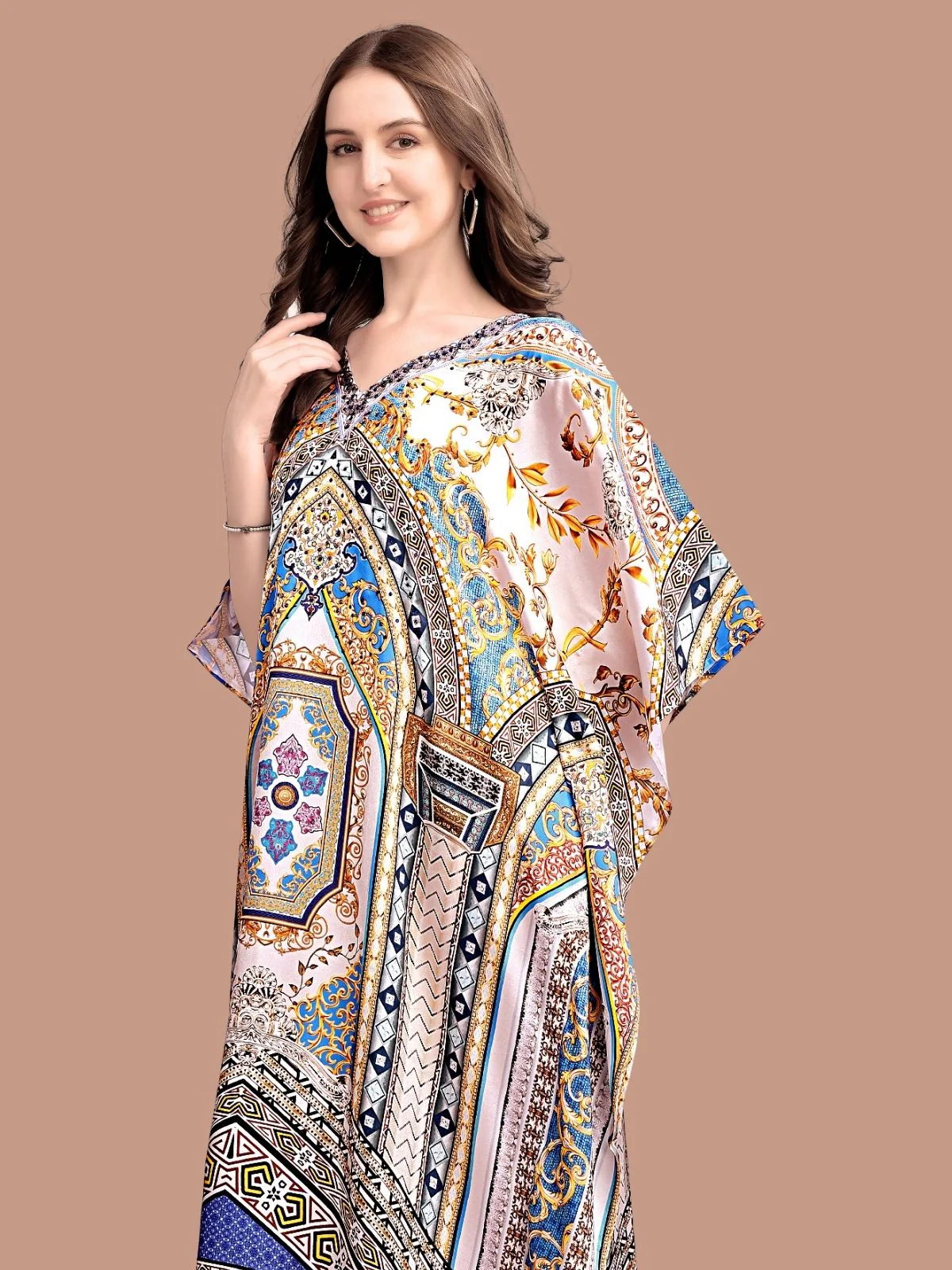 Odette Multicolor Satin Printed Kaftan For Women - Image 3