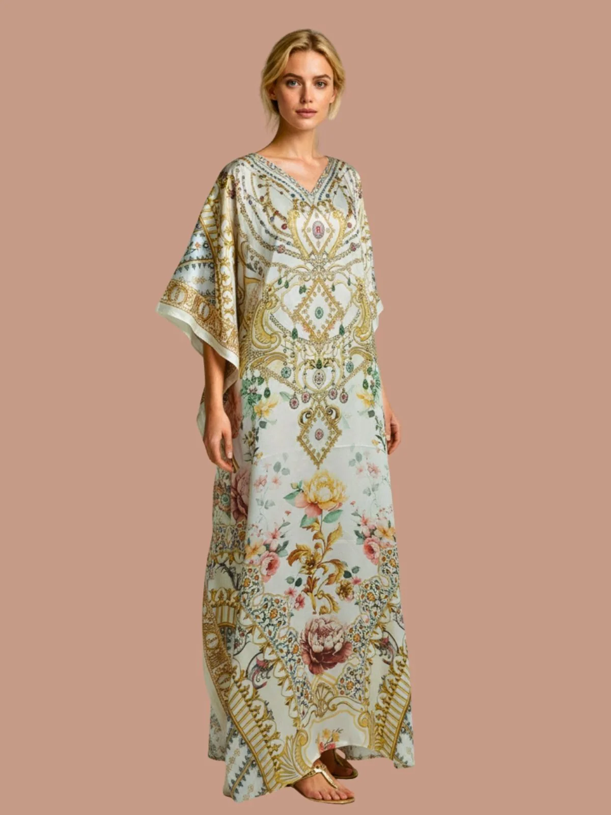 Odette Multicolor Satin Printed Kaftan For Women - Image 2