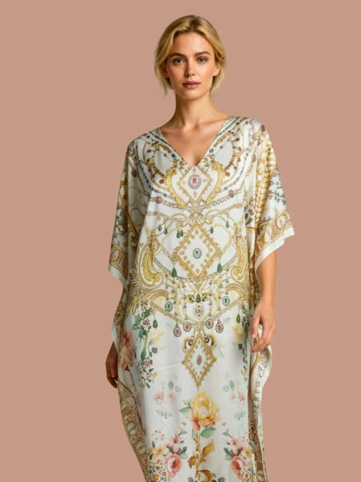 Odette Multicolor Satin Printed Kaftan For Women - Image 4