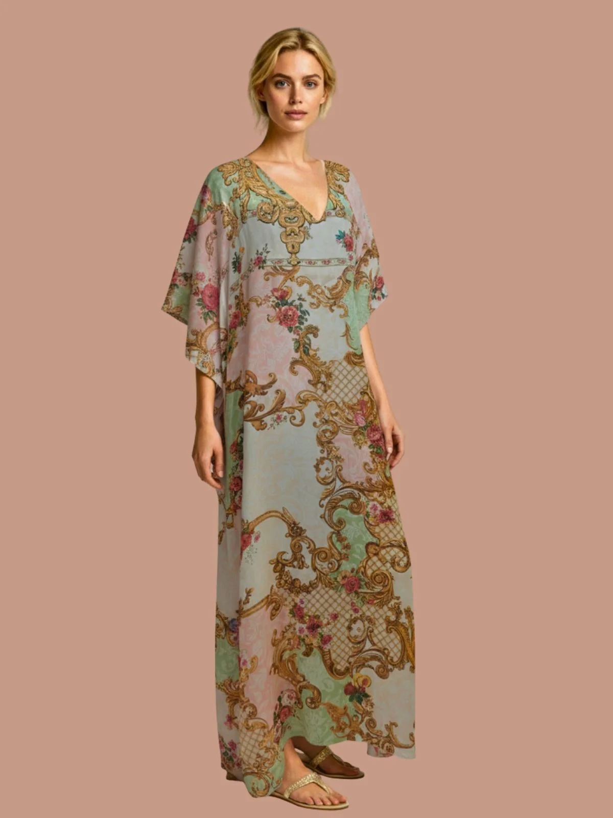 Odette Multicolor Satin Printed Kaftan For Women - Image 2