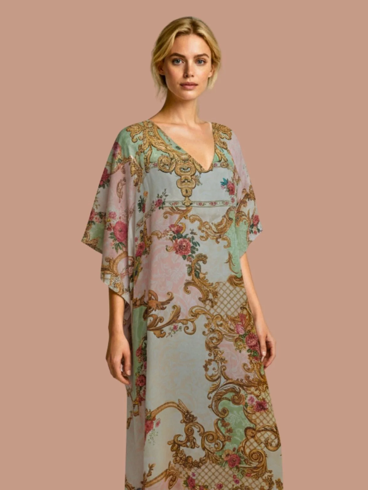 Odette Multicolor Satin Printed Kaftan For Women - Image 4