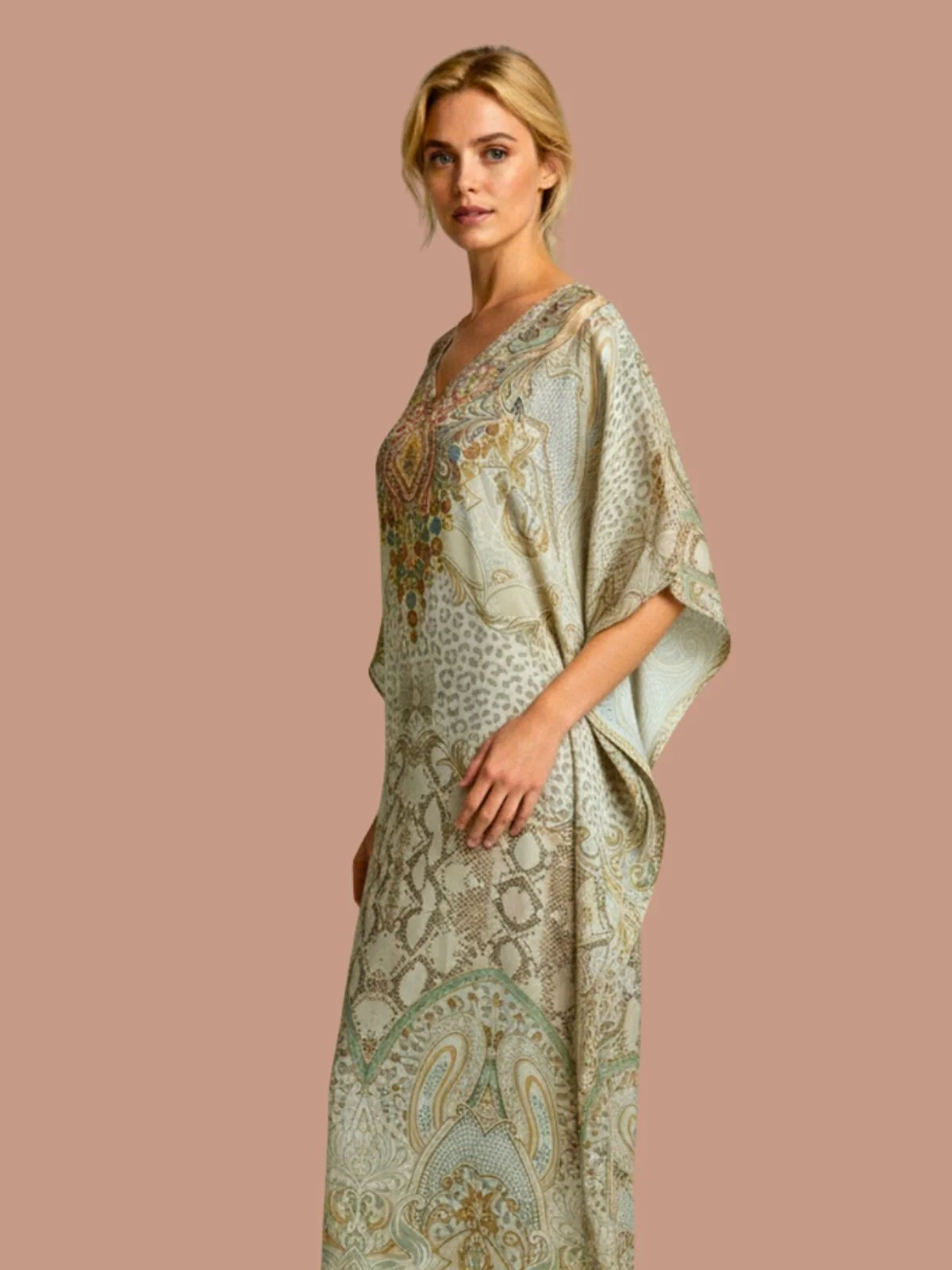 Odette Multicolor Satin Printed Kaftan For Women - Image 4