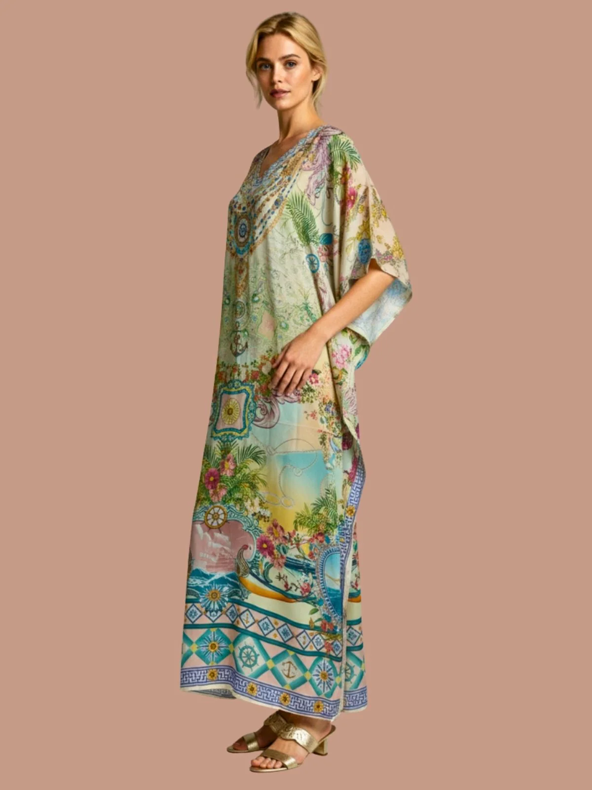 Odette Multicolor Satin Printed Kaftan For Women - Image 2