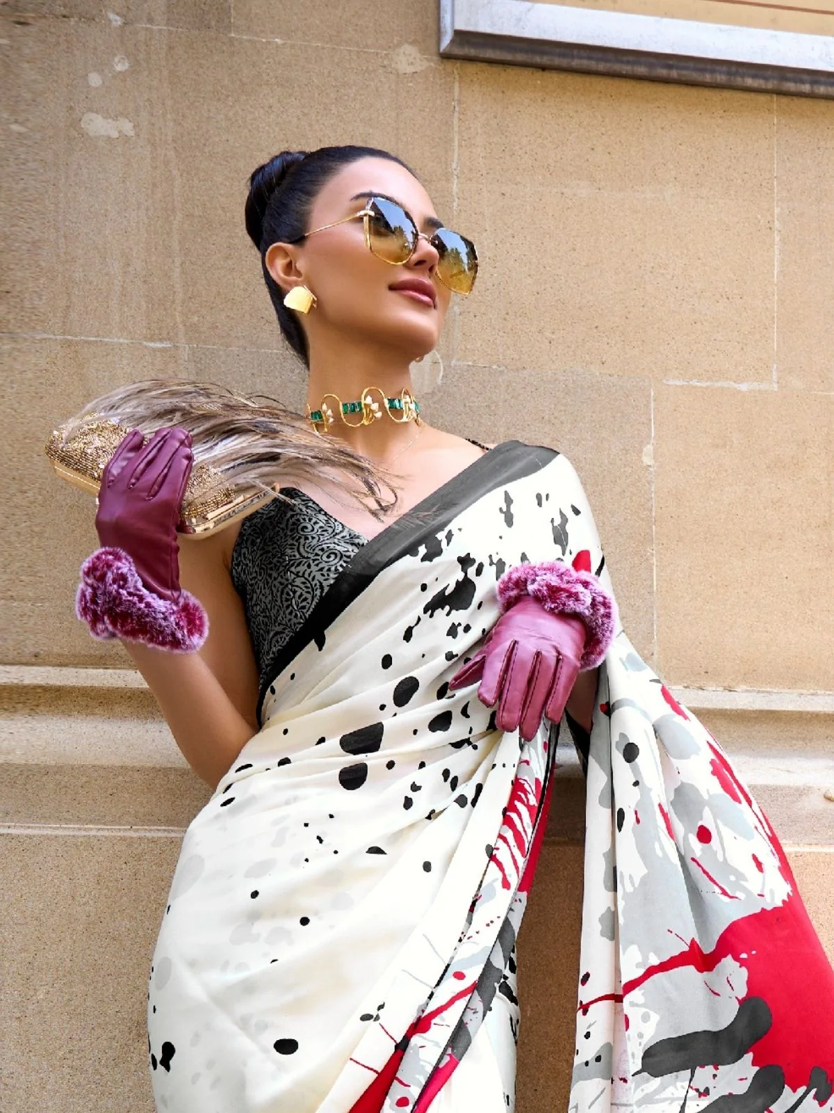Odette Multicolor Satin Printed Saree With Unstitched Blouse For Women - Image 2