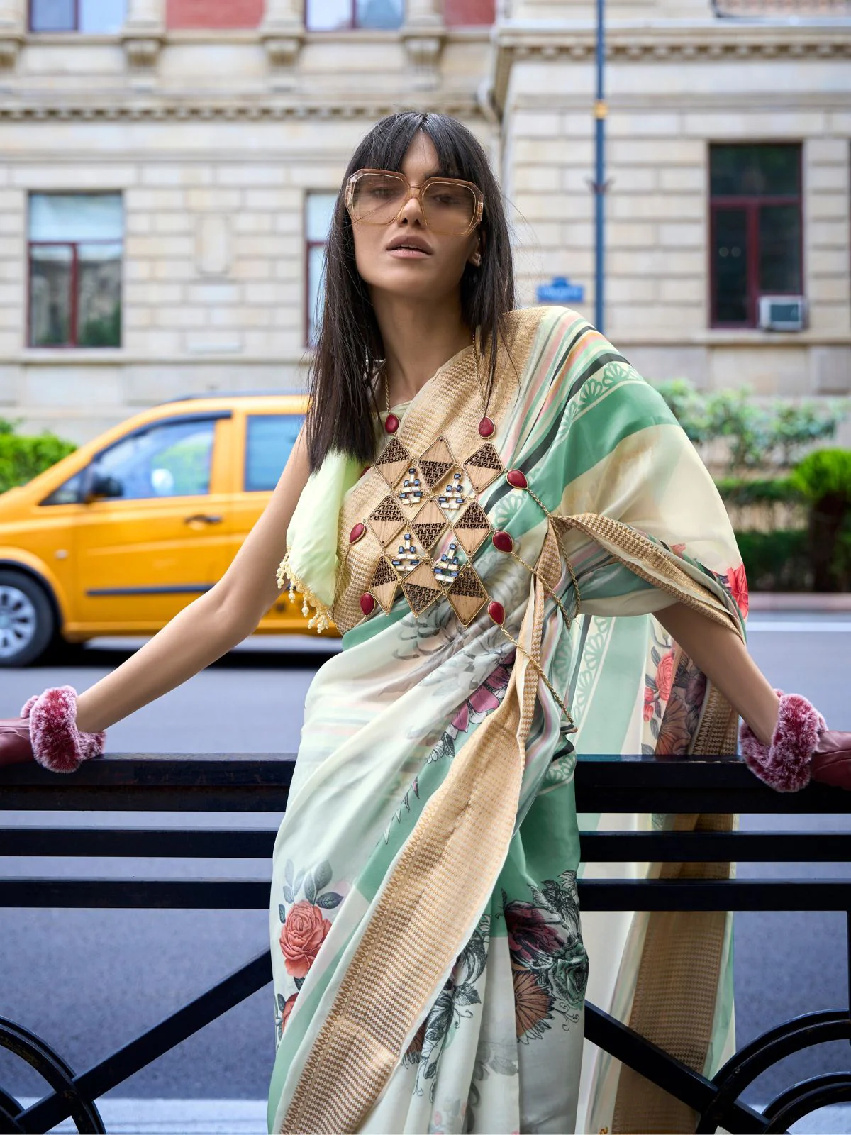 Odette Multicolor Satin Printed Saree With Unstitched Blouse For Women - Image 2