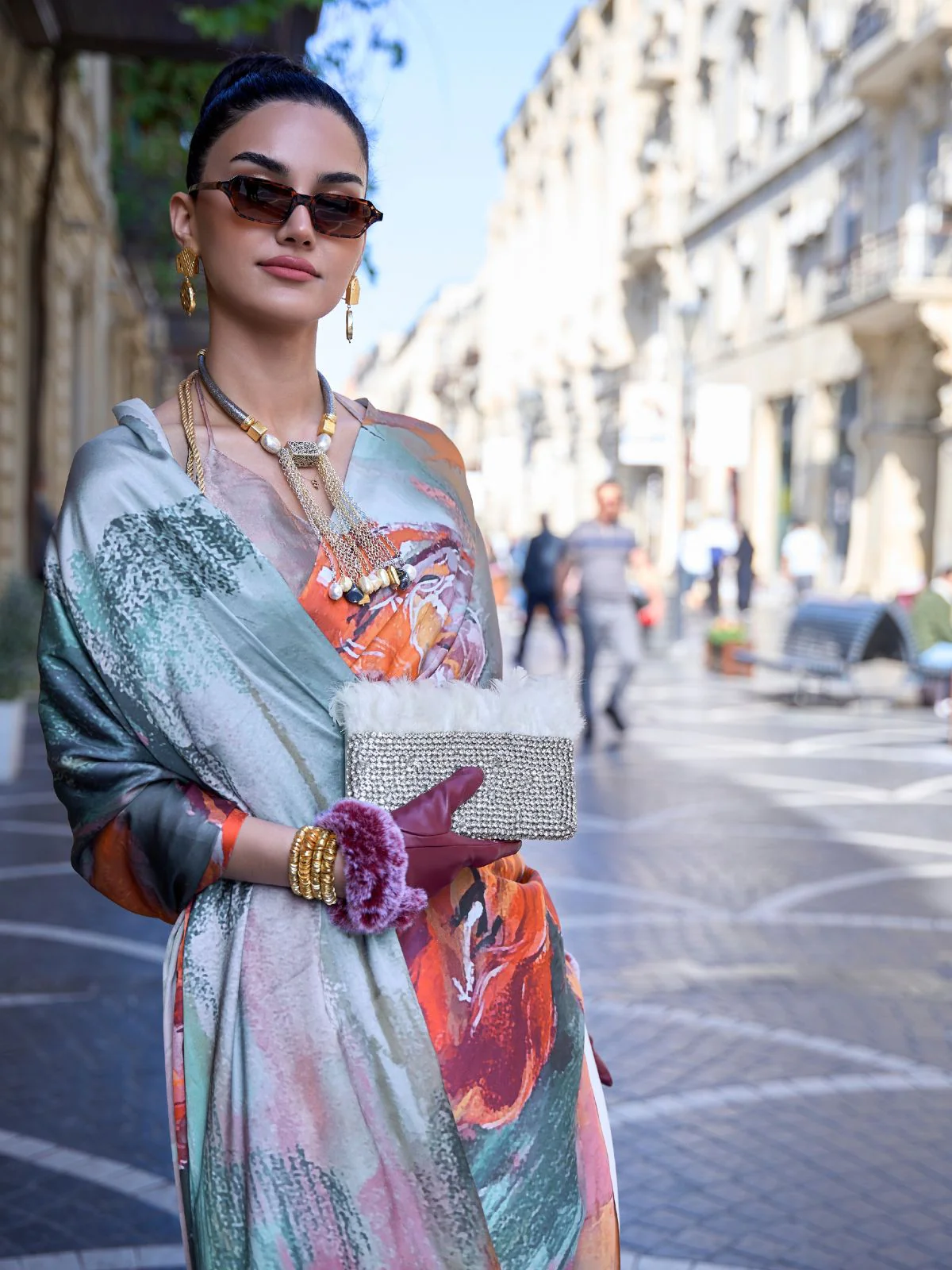 Odette Multicolor Satin Printed Saree With Unstitched Blouse For Women - Image 2