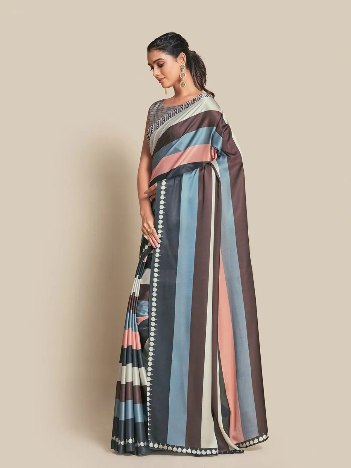 Odette Multicolor Satin Printed Saree With Unstitched Blouse For Women - Image 3