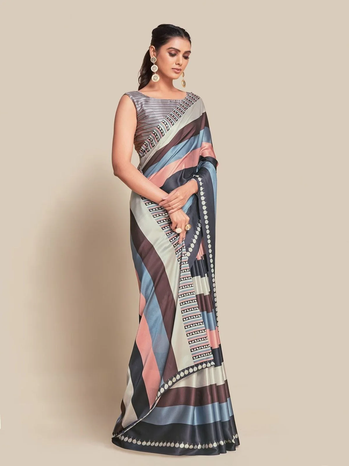 Odette Multicolor Satin Printed Saree With Unstitched Blouse For Women - Image 4