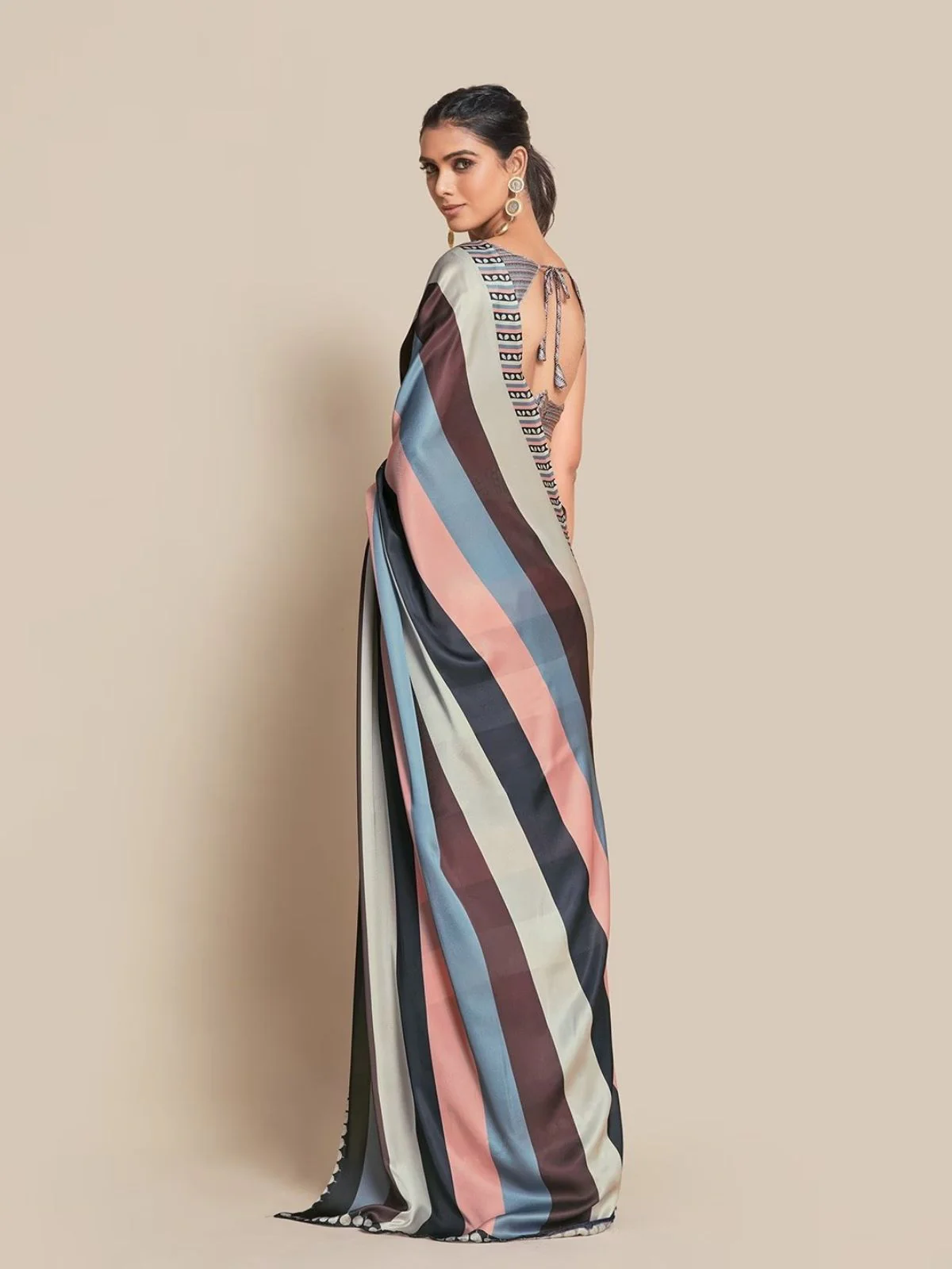 Odette Multicolor Satin Printed Saree With Unstitched Blouse For Women - Image 6