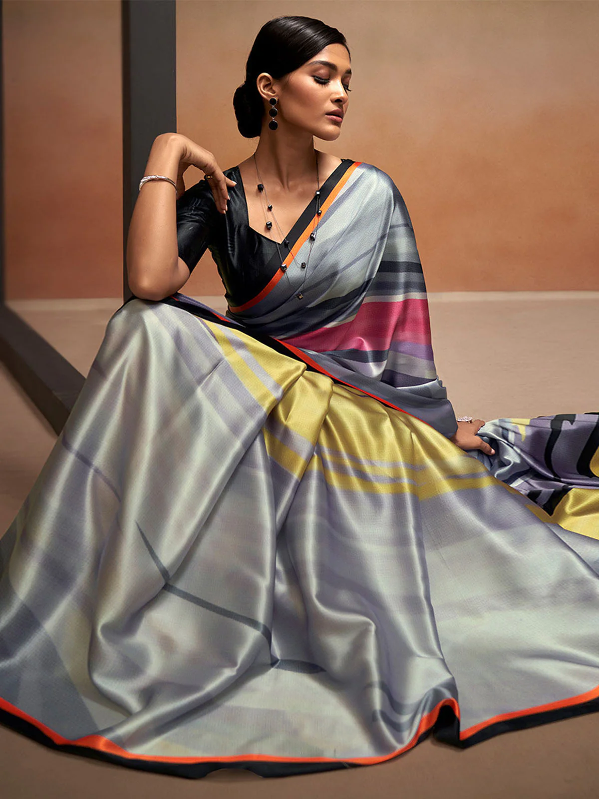 Odette Multicolor Satin Printed Saree With Unstitched Blouse For Women - Image 2
