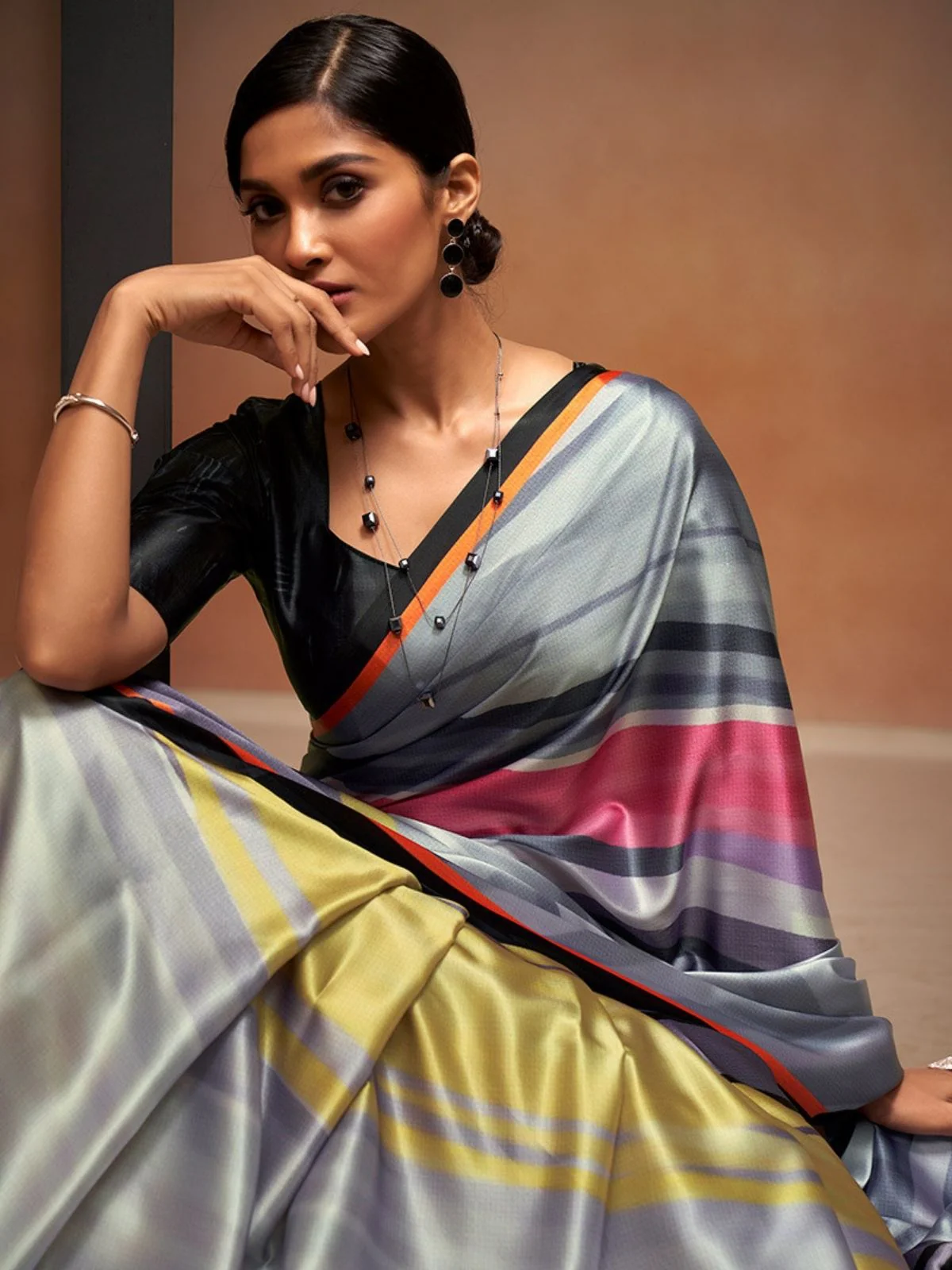 Odette Multicolor Satin Printed Saree With Unstitched Blouse For Women - Image 4