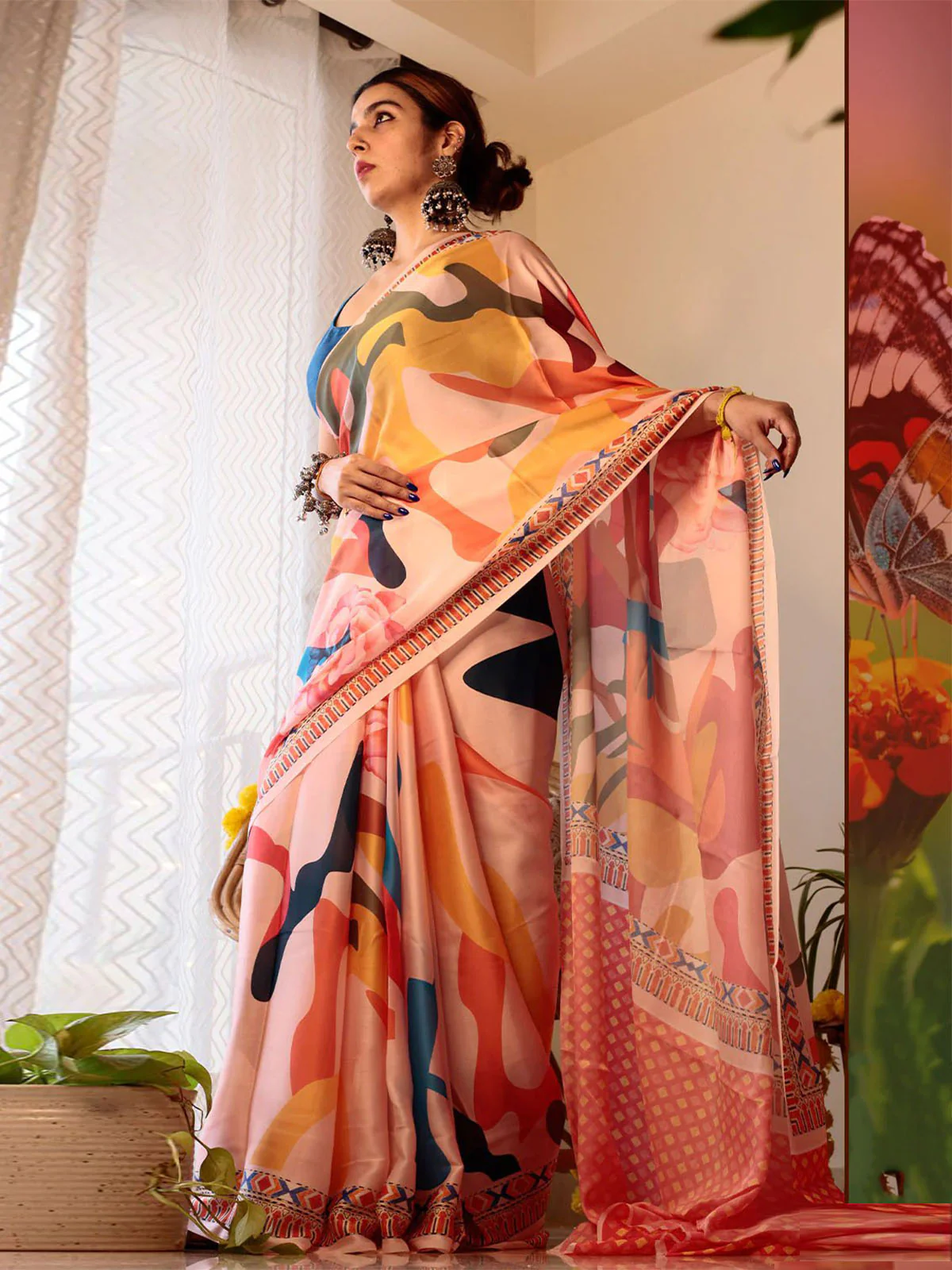 Odette Multicolor Satin Printed Saree With Unstitched Blouse For Women - Image 2