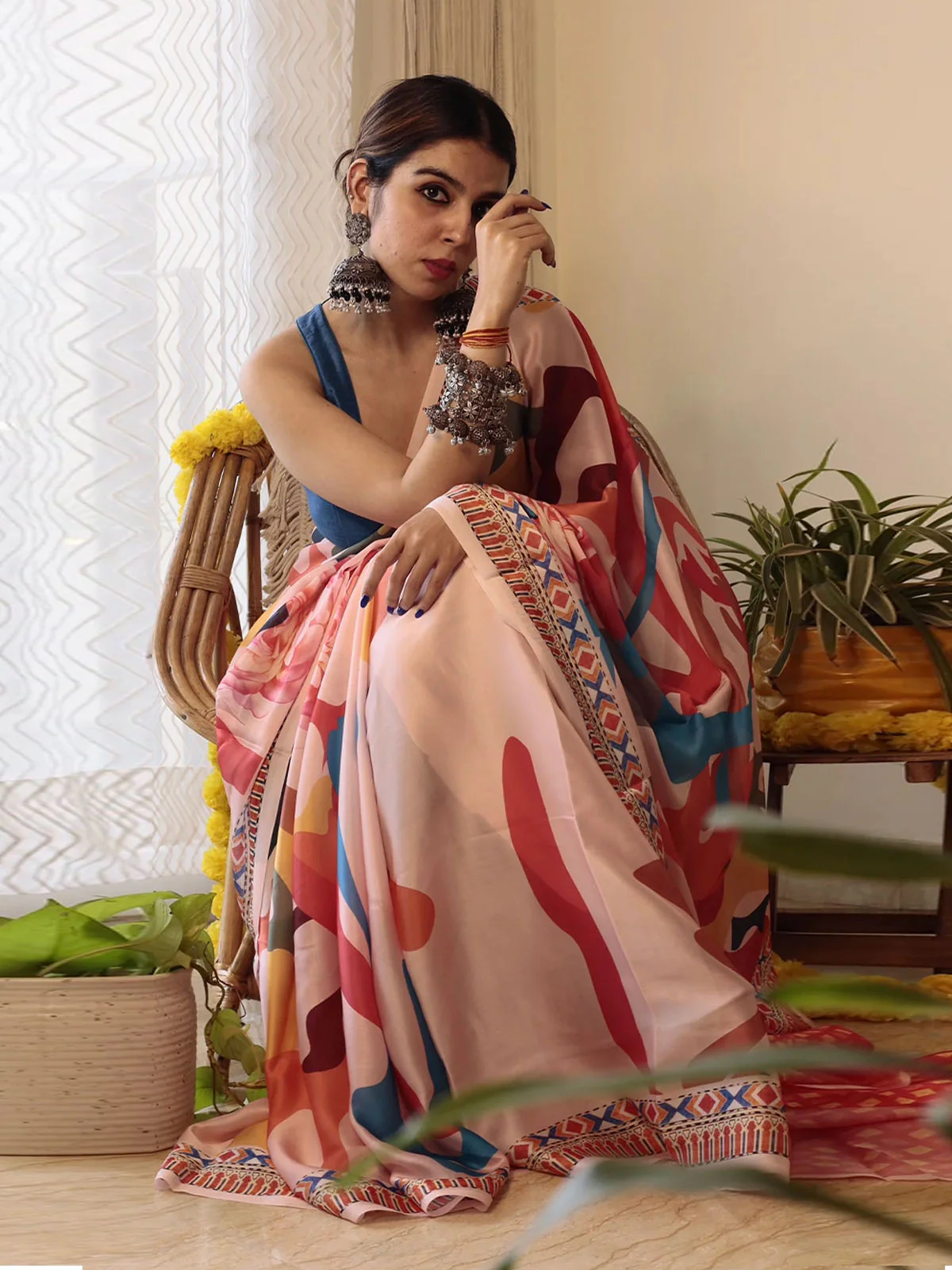 Odette Multicolor Satin Printed Saree With Unstitched Blouse For Women - Image 3