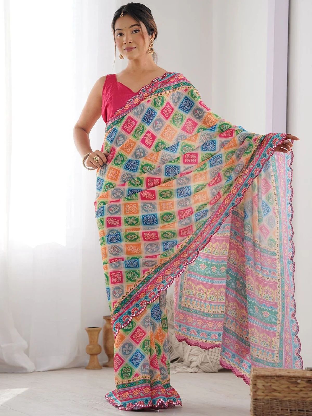 Odette Multicolor Silk Blend Bandhini Print & Cutwork Saree For Women - Image 2