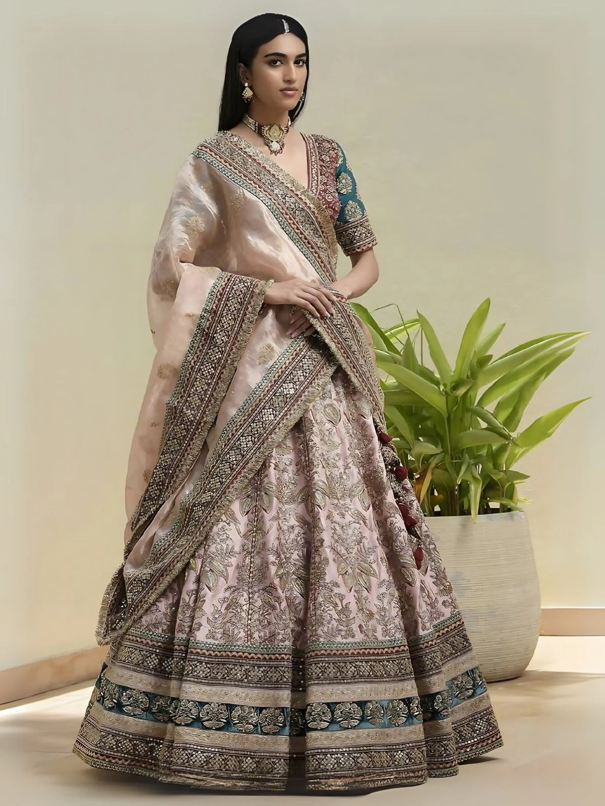 Odette Multicolor Silk Blend Embroidered Semi-Stitched Lehenga For Women
