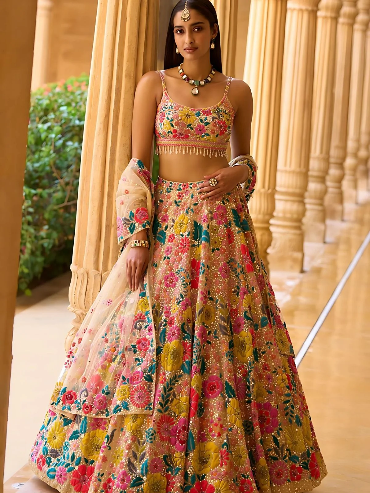 Odette Multicolor Silk Blend Embellished Semi-Stitched lehenga For Women