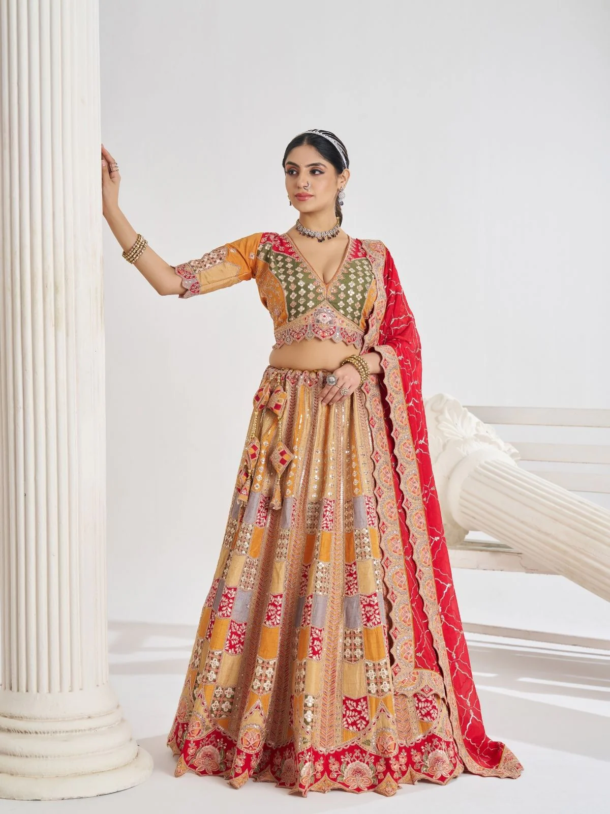 Odette Multicolor Silk Blend Embroidered Semi-Stitched Lehenga For Women