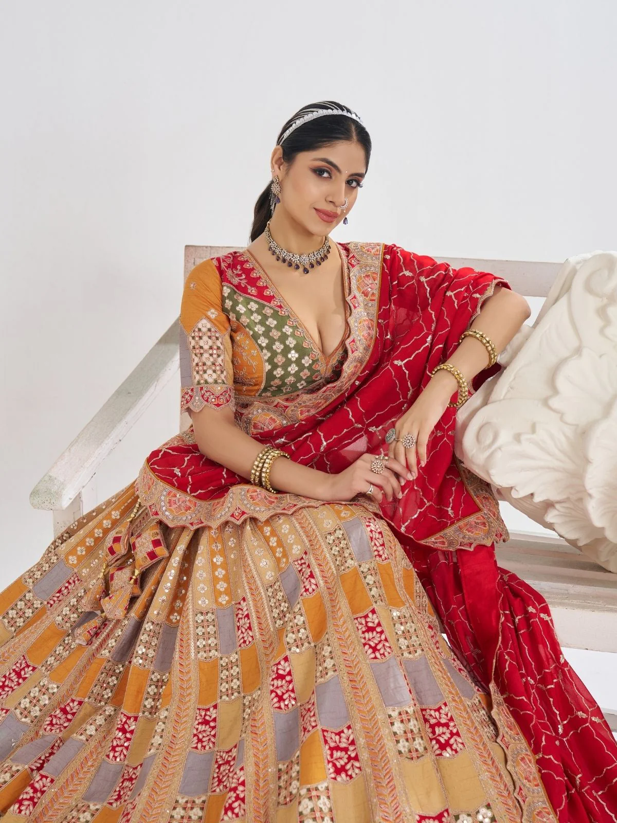 Odette Multicolor Silk Blend Embroidered Semi-Stitched Lehenga For Women - Image 2