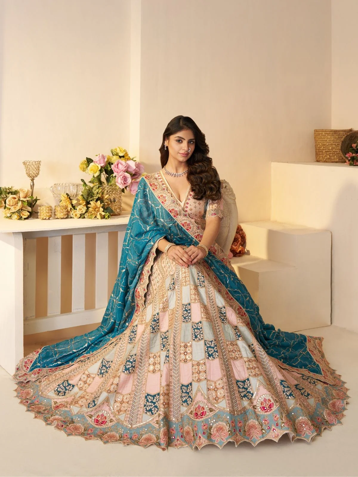 Odette Multicolor Silk Blend Embroidered Semi-Stitched Lehenga For Women - Image 2