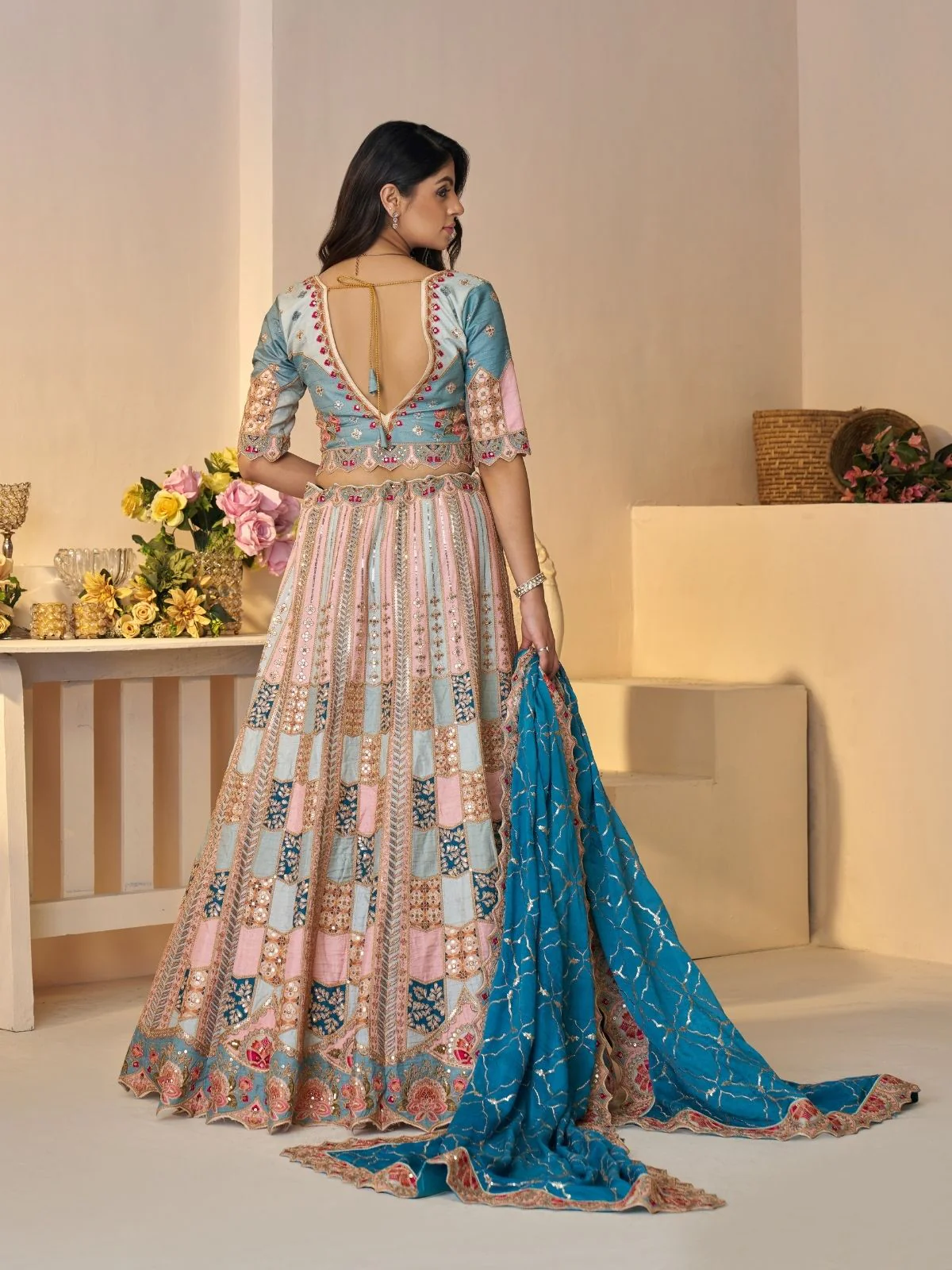 Odette Multicolor Silk Blend Embroidered Semi-Stitched Lehenga For Women - Image 4