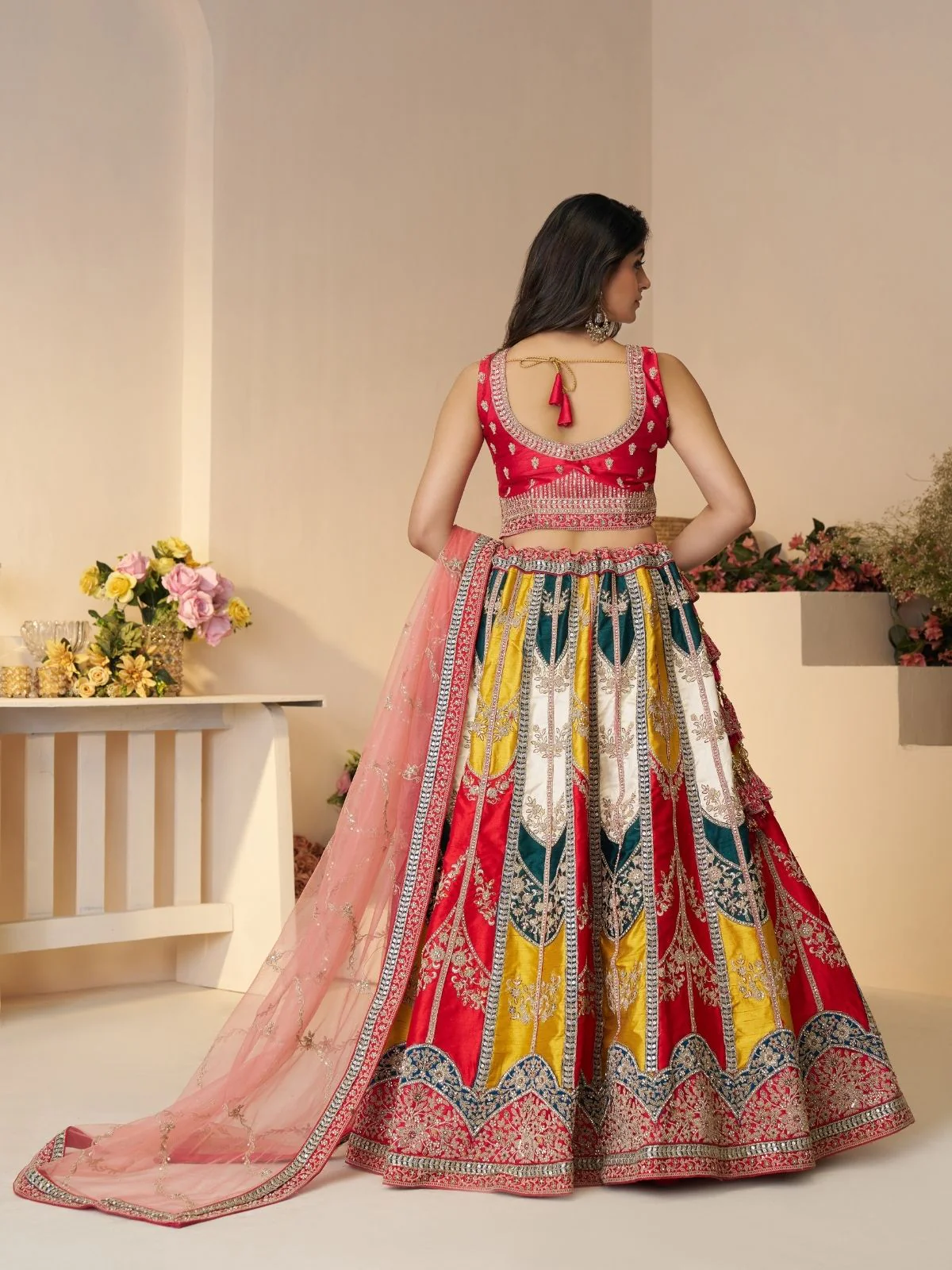 Odette Multicolor Silk Blend Embroidered Semi-Stitched Lehenga For Women - Image 5