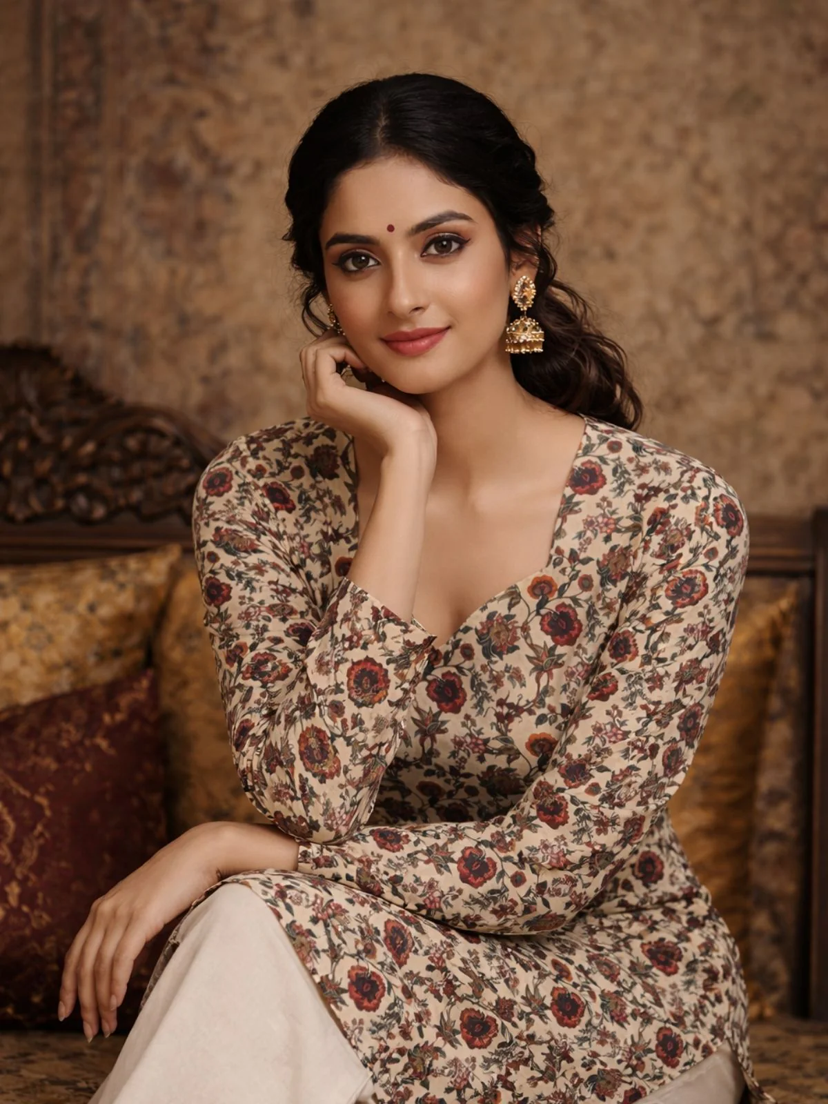 Odette Multicolor Silk Blend Floral Print Solid Kurti For Women - Image 2