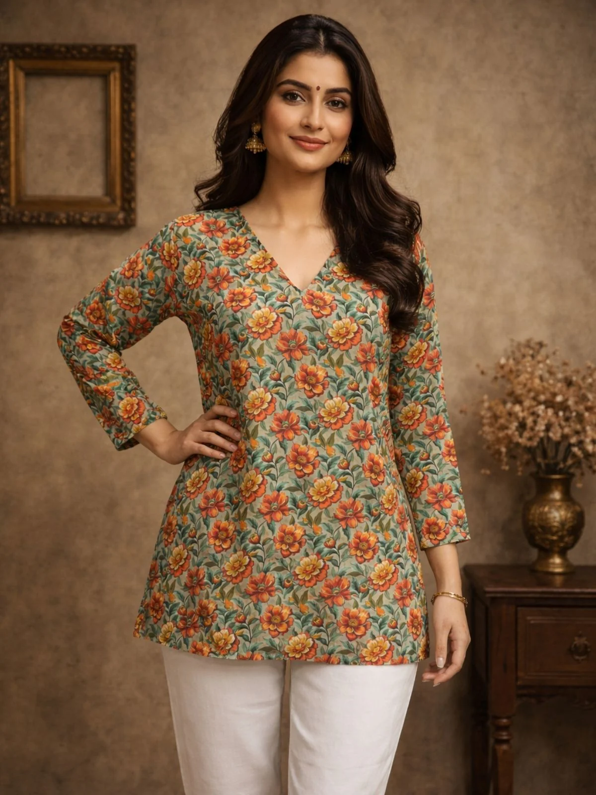 Odette Multicolor Silk Blend Floral Print Solid Kurti For Women