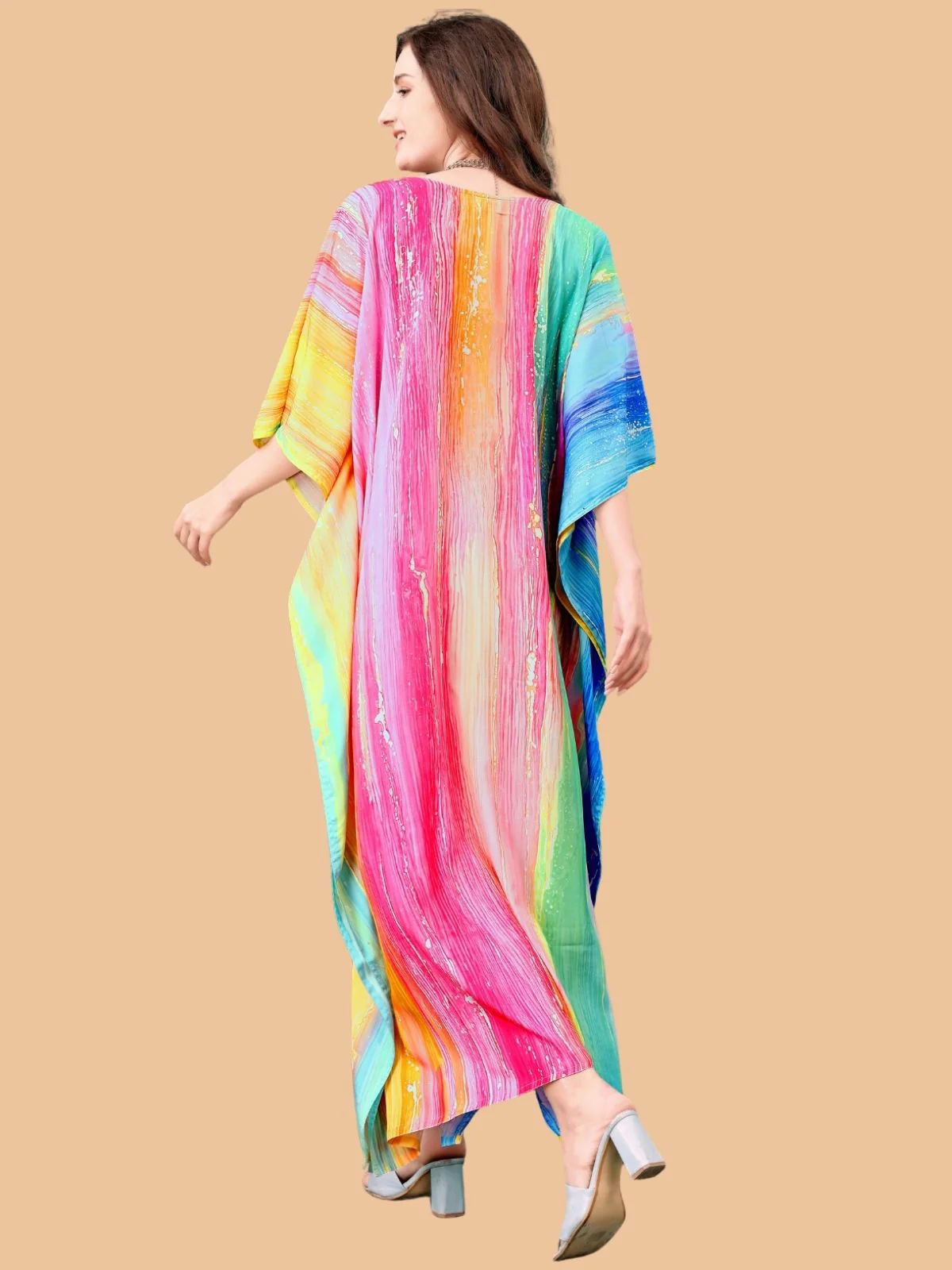 Odette Multicolor Silk Blend Printed Kaftan For Women - Image 3